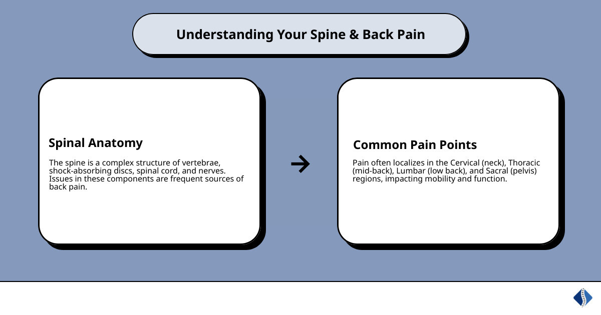 infographic showing the anatomy of the spine including vertebrae, discs, spinal cord, and nerves, with common pain points labeled at the cervical, thoracic, lumbar, and sacral regions - non-surgical back treatment infographic cause_effect_text