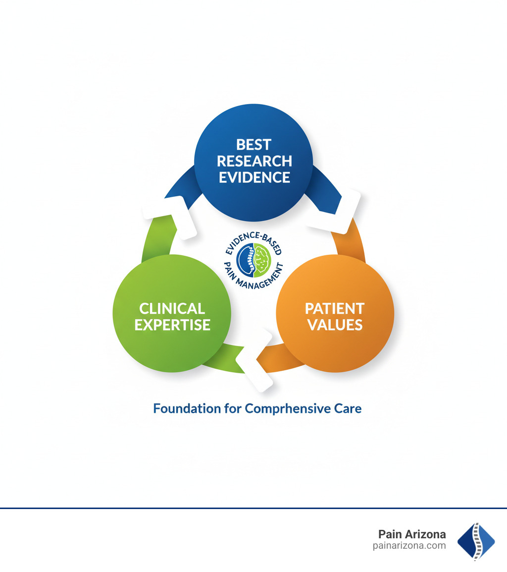 infographic showing three interconnected circles labeled Best Research Evidence Clinical Expertise and Patient Values with arrows connecting them, representing the foundation of evidence-based pain management practice - evidence-based pain management infographic 