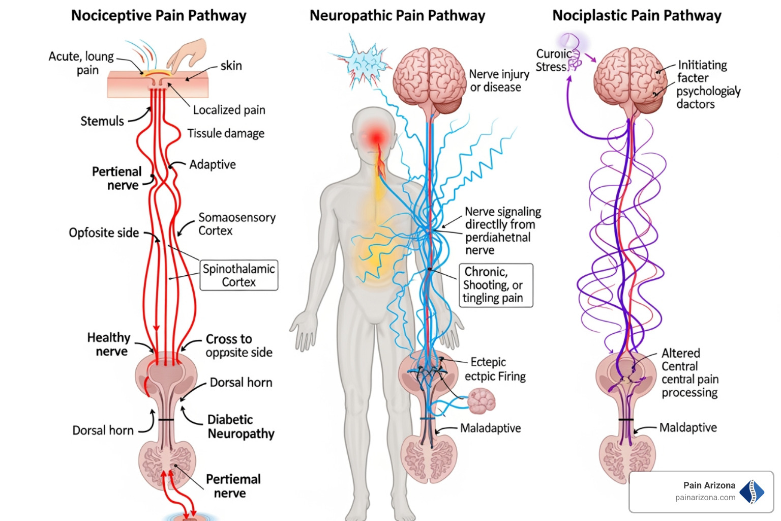 diagram illustrating the differences between nociceptive, neuropathic, and nociplastic pain pathways - evidence-based pain management