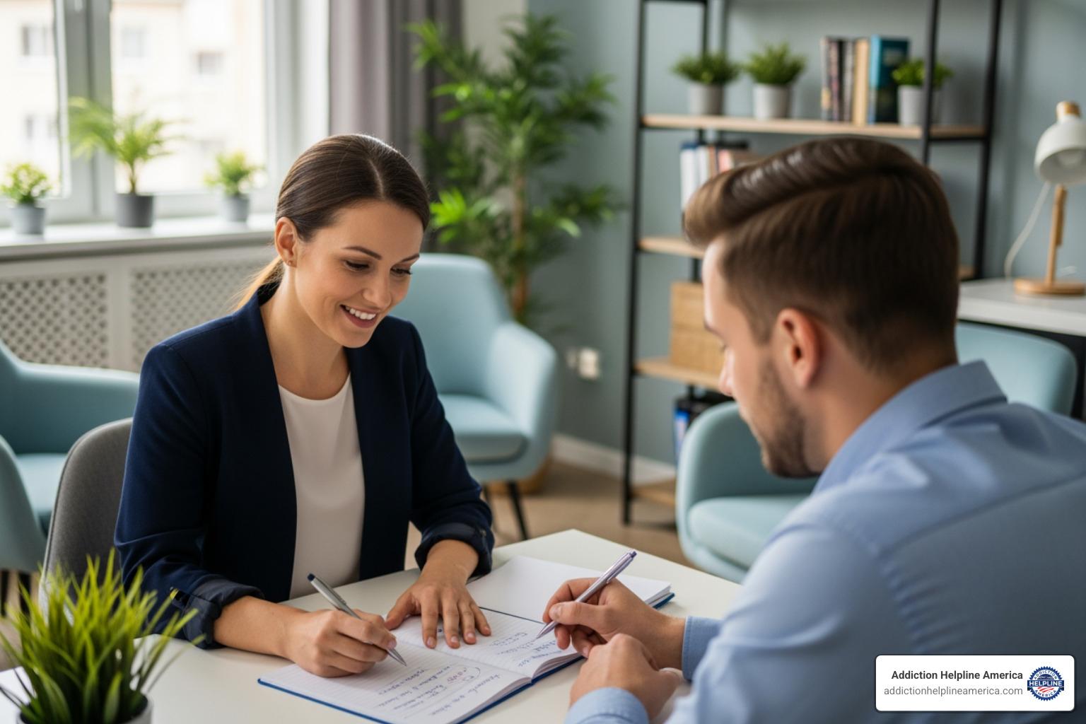 A compassionate therapist speaking with a patient, collaboratively writing in a notebook - Drug rehab programs