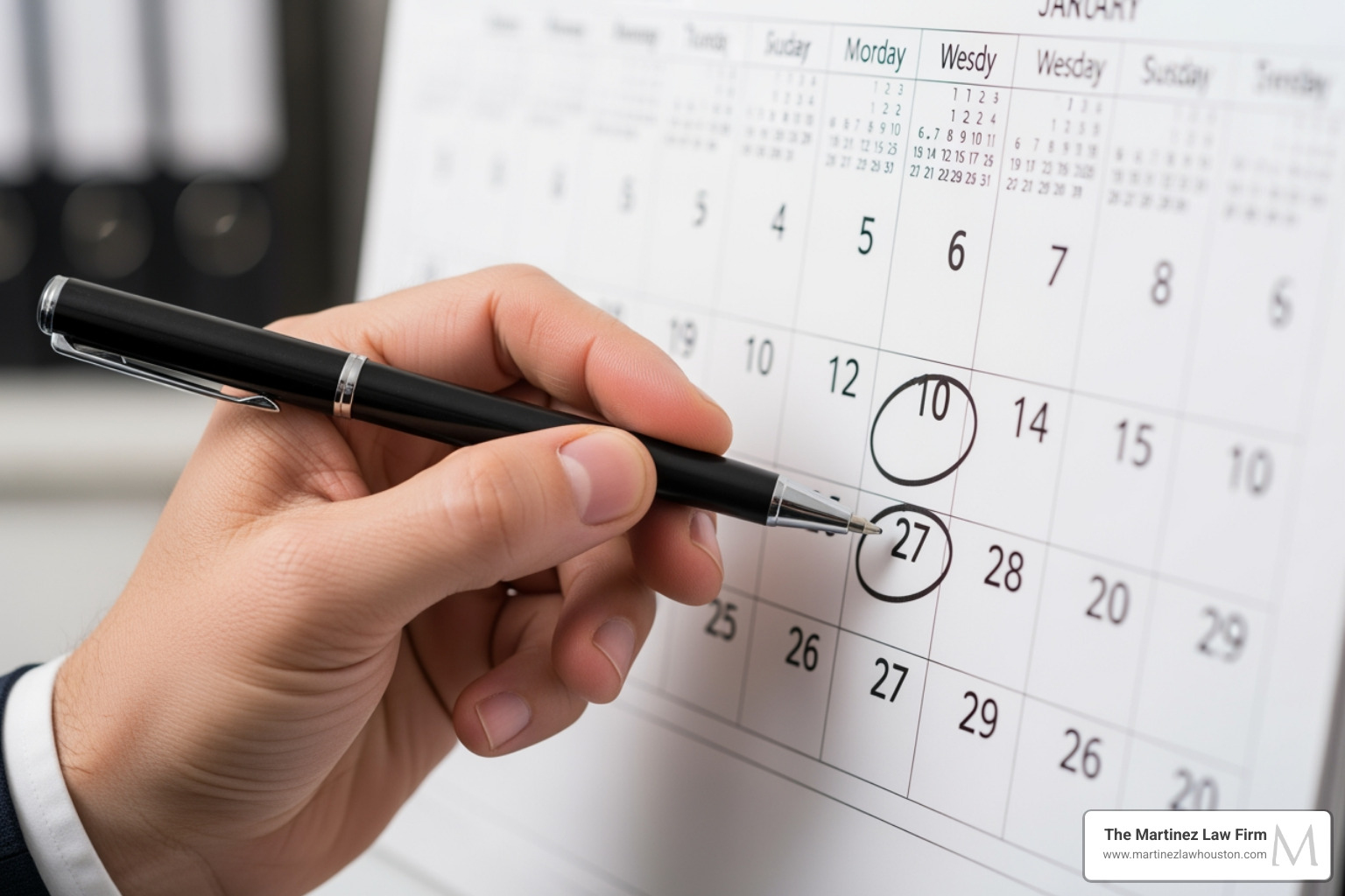 Person looking at a calendar, highlighting specific dates, representing the duration and adherence required for probation. - dwi probation texas