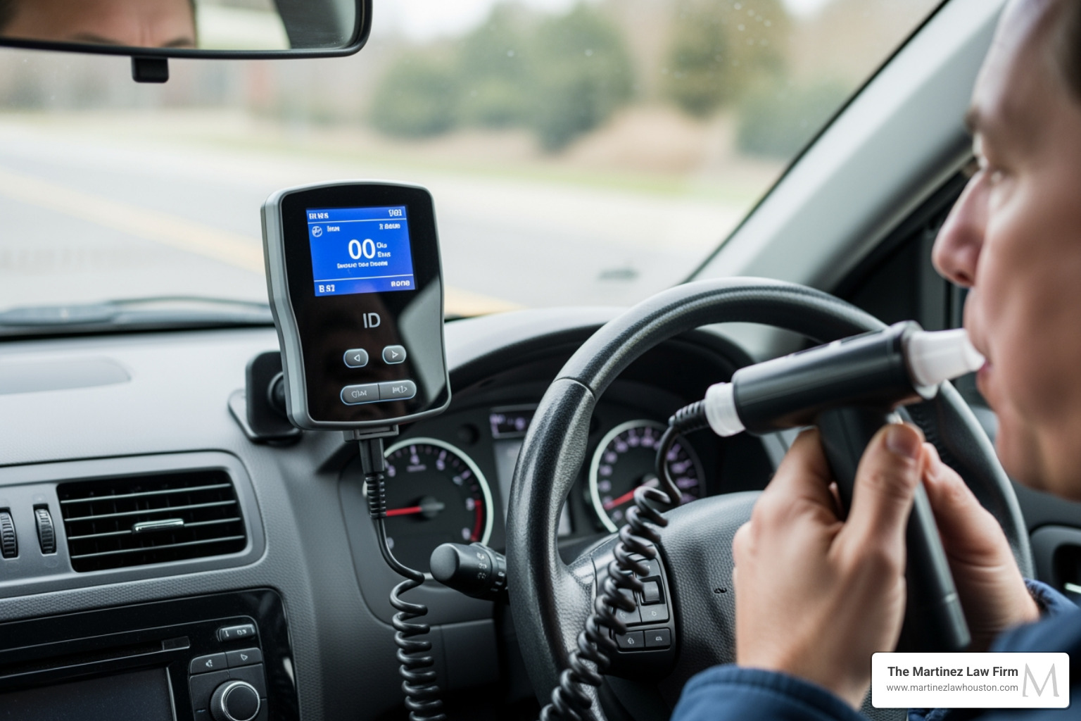 An Ignition Interlock Device (IID) installed in a car dashboard, with a person blowing into it. - dwi probation texas