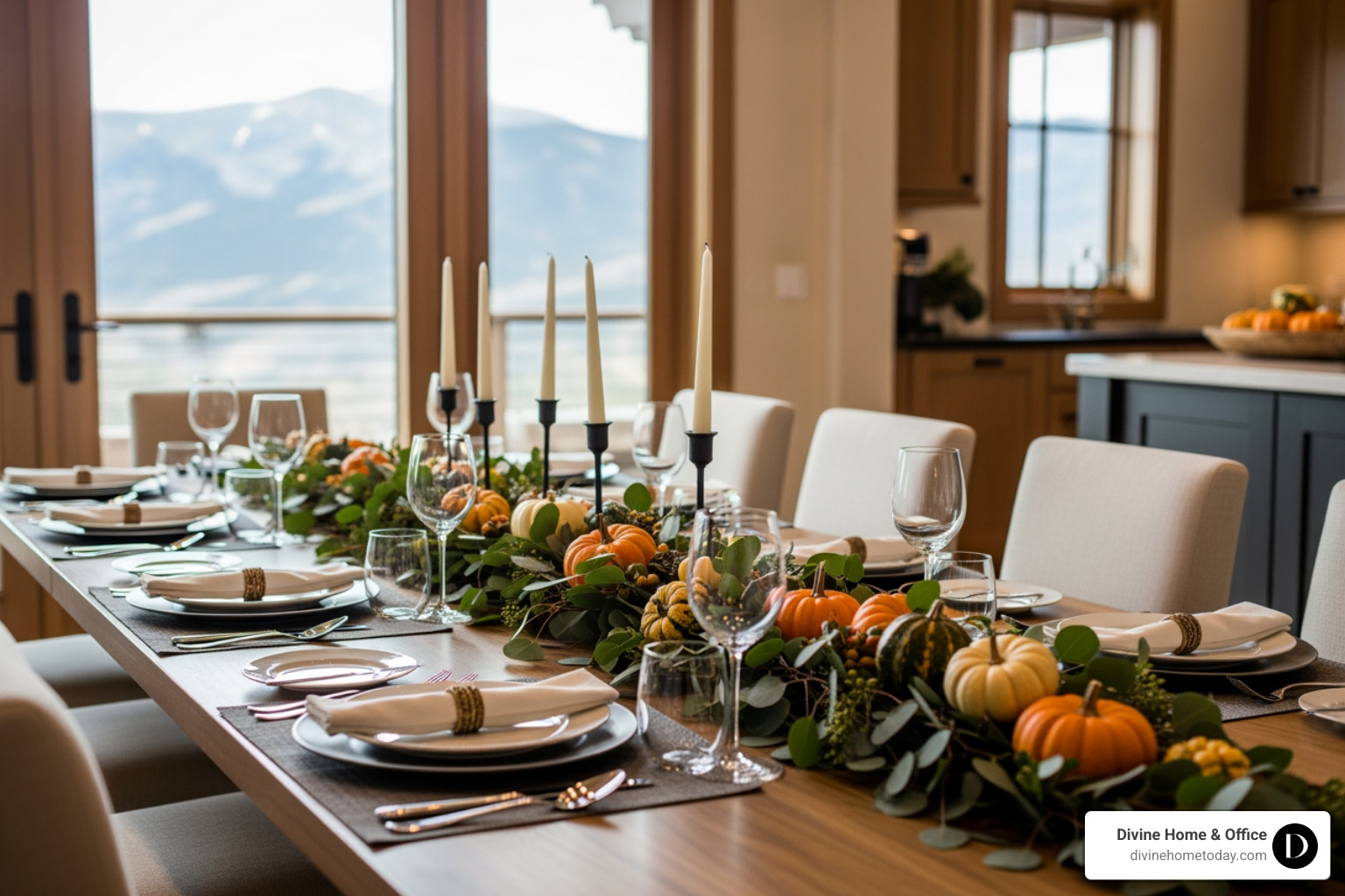 Long, low centerpiece with mini pumpkins and eucalyptus - Thanksgiving tablescape Long, low centerpiece with mini pumpkins and eucalyptus - Thanksgiving tablescape