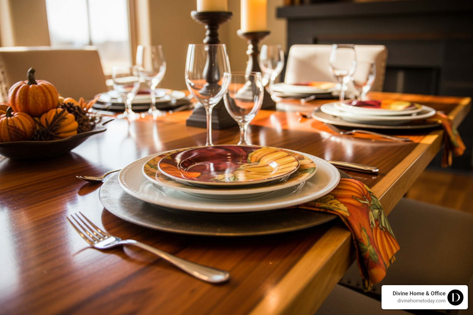 Layered place settings showing a charger, dinner plate, and salad plate - Thanksgiving tablescape Layered place settings showing a charger, dinner plate, and salad plate - Thanksgiving tablescape
