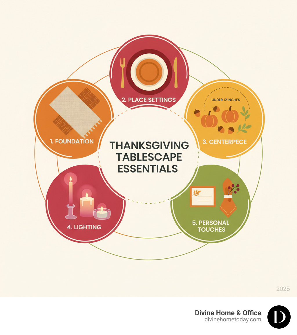 Infographic showing the 5 essential elements of a Thanksgiving tablescape arranged in a circular flow: 1. Foundation layer with tablecloth or runner options, 2. Place Settings showing layered plates and chargers, 3. Centerpiece featuring natural elements like pumpkins and florals kept under 12 inches, 4. Lighting with various candle styles for ambiance, 5. Personal Touches including place cards and napkin details - Thanksgiving tablescape infographic Infographic showing the 5 essential elements of a Thanksgiving tablescape arranged in a circular flow: 1. Foundation layer with tablecloth or runner options, 2. Place Settings showing layered plates and chargers, 3. Centerpiece featuring natural elements like pumpkins and florals kept under 12 inches, 4. Lighting with various candle styles for ambiance, 5. Personal Touches including place cards and napkin details - Thanksgiving tablescape infographic