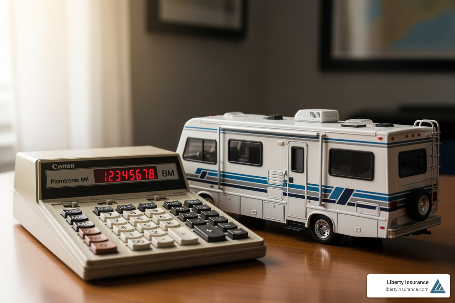 Calculator next to a toy model of a Class A motorhome - monthly RV insurance