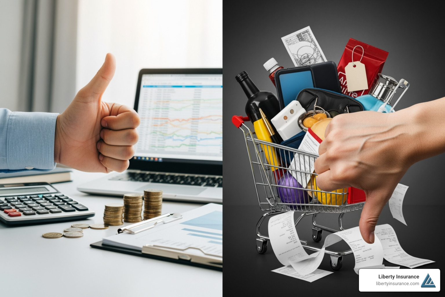 Split screen showing thumbs up for budgeting and thumbs down for higher cost - monthly RV insurance