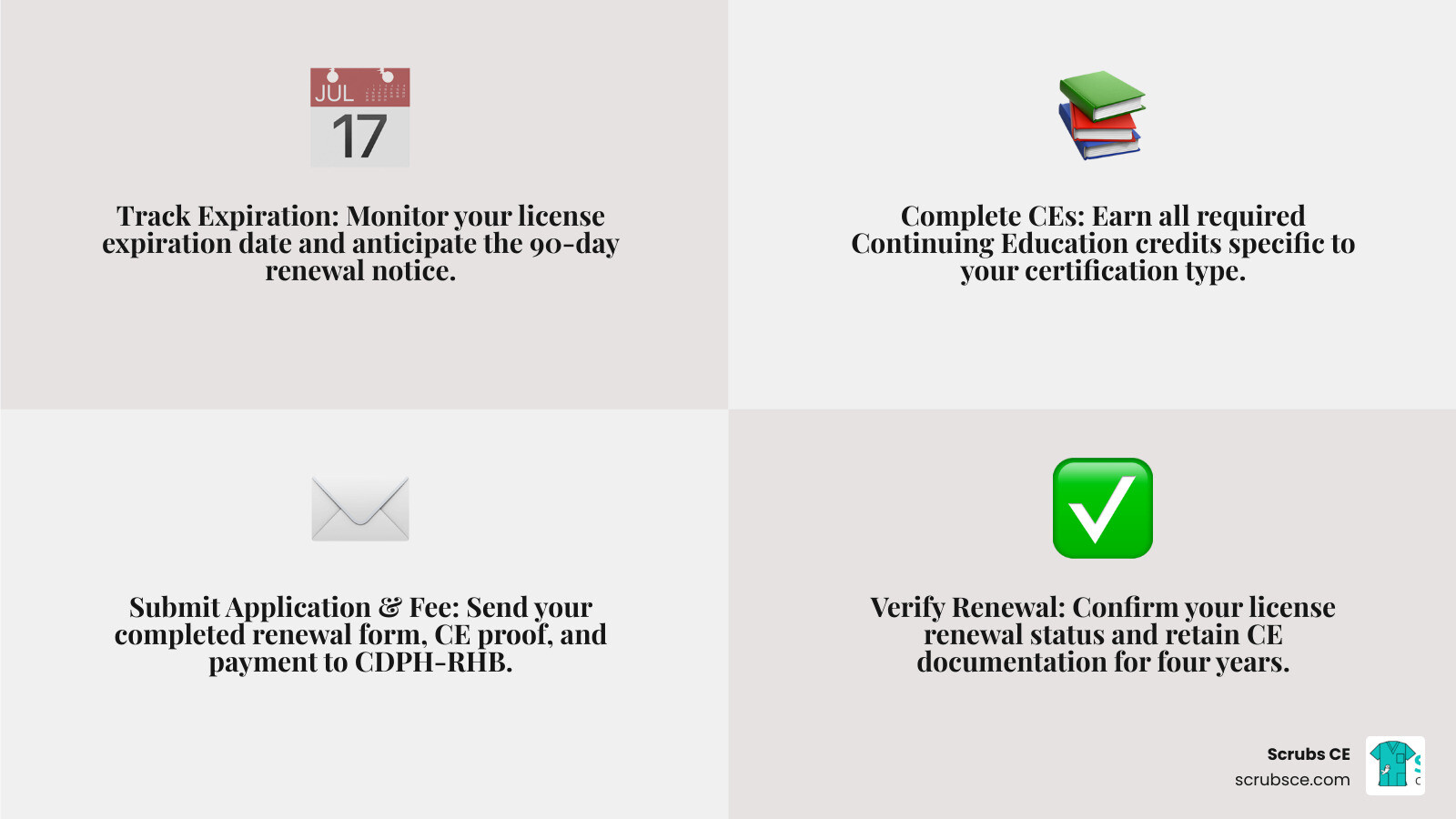 Infographic showing the 4-step process to maintain California X-ray license: Step 1 shows a calendar tracking the expiration date with a 90-day notice period; Step 2 displays a laptop screen with online CE courses and requirements (24 CE credits for CRT/XT with 4 in digital radiography, 10 CE credits for S&O, plus specialty requirements); Step 3 illustrates a renewal application form with payment check and mailing envelope to CDPH-RHB; Step 4 shows a filing system for CE certificates with "Keep 4 Years" label and an audit verification checkmark - how to maintain your x ray license in california infographic 4_facts_emoji_grey Infographic showing the 4-step process to maintain California X-ray license: Step 1 shows a calendar tracking the expiration date with a 90-day notice period; Step 2 displays a laptop screen with online CE courses and requirements (24 CE credits for CRT/XT with 4 in digital radiography, 10 CE credits for S&O, plus specialty requirements); Step 3 illustrates a renewal application form with payment check and mailing envelope to CDPH-RHB; Step 4 shows a filing system for CE certificates with "Keep 4 Years" label and an audit verification checkmark - how to maintain your x ray license in california infographic 4_facts_emoji_grey