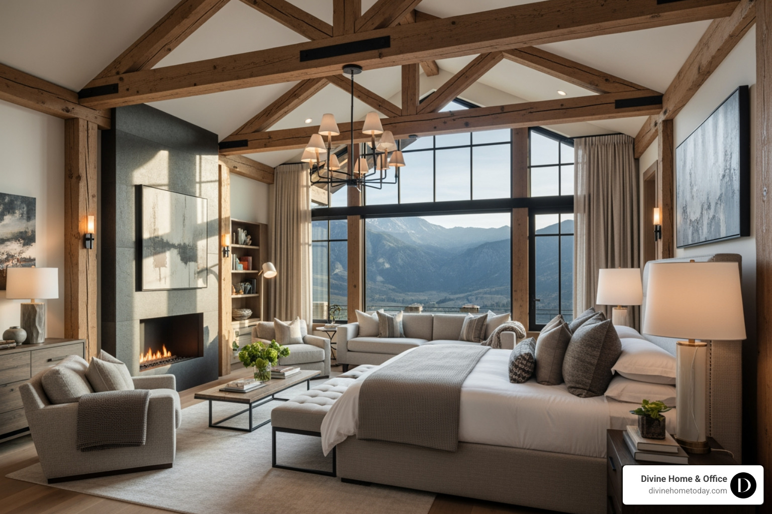 Rustic-modern Colorado luxury bedroom with timber beams, natural fabrics, warm wood tones, mountain views through large windows, soft ambient light, high-end finishes, styled and serene. - holiday guest room Rustic-modern Colorado luxury bedroom with timber beams, natural fabrics, warm wood tones, mountain views through large windows, soft ambient light, high-end finishes, styled and serene. - holiday guest room