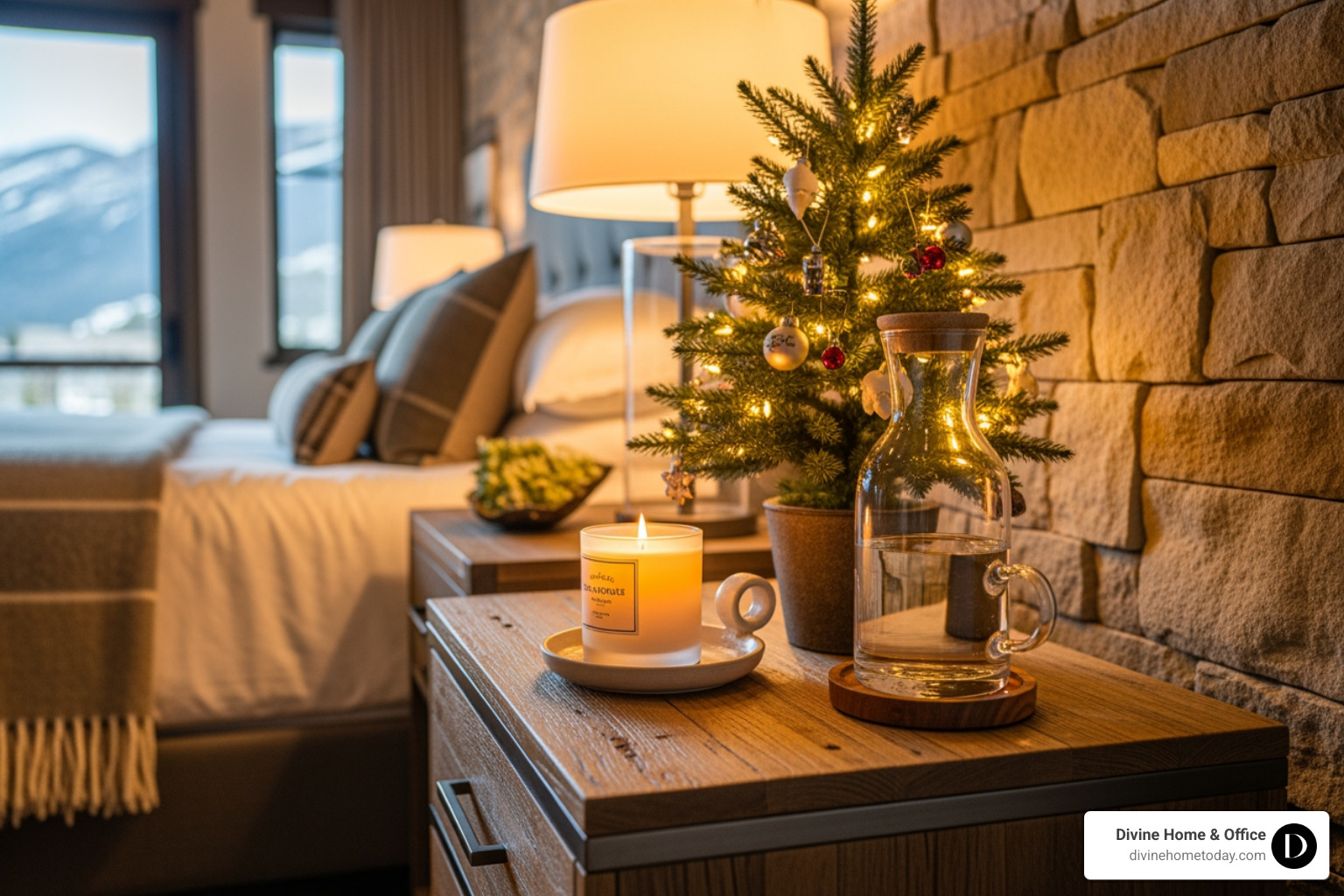 Rustic-modern Colorado luxury bedroom nightstand with a mini Christmas tree, a scented candle, and a carafe of water, warm ambient light, natural textures, clean styling. - holiday guest room Rustic-modern Colorado luxury bedroom nightstand with a mini Christmas tree, a scented candle, and a carafe of water, warm ambient light, natural textures, clean styling. - holiday guest room