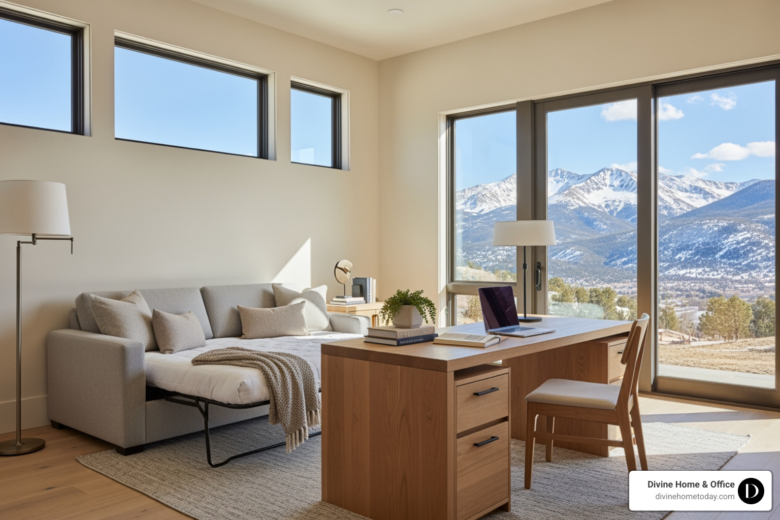 Stylish home office with a modern mountain sleeper sofa, natural wood desk, large windows with mountain views, bright natural lighting, clean styled space, warm neutral palette, showing multi-functional use. - holiday guest room Stylish home office with a modern mountain sleeper sofa, natural wood desk, large windows with mountain views, bright natural lighting, clean styled space, warm neutral palette, showing multi-functional use. - holiday guest room