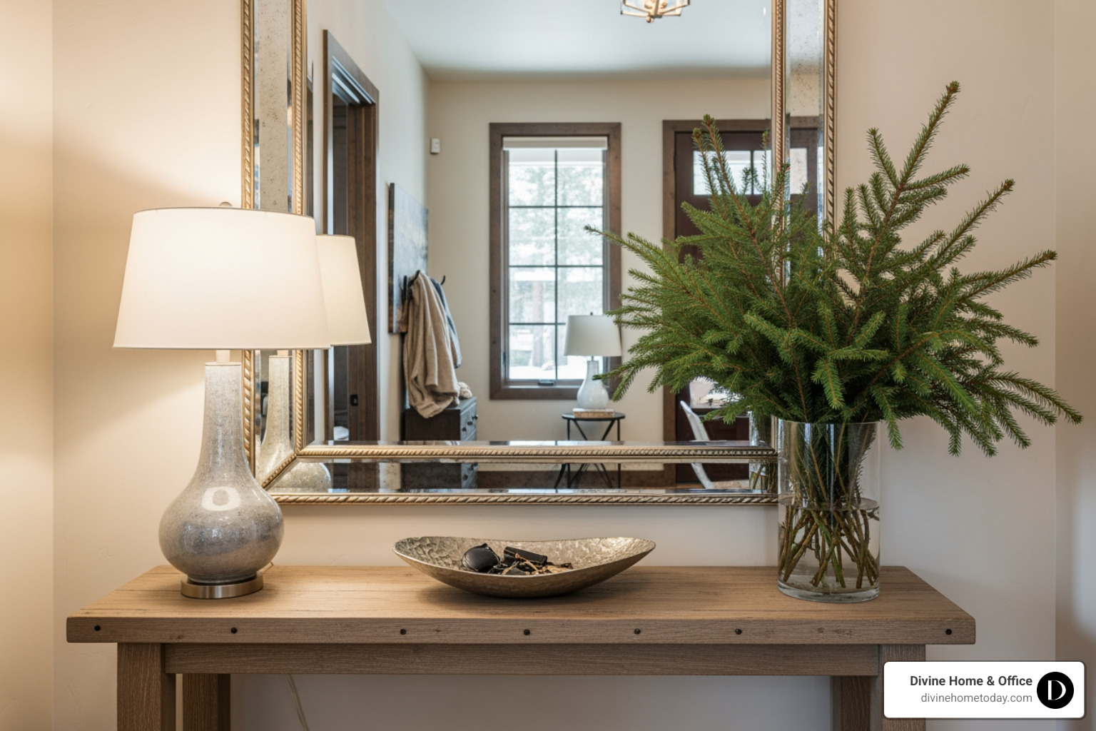 High-end modern mountain entryway with a rustic wood console table, a stylish table lamp, a decorative bowl for keys, and a vase of fresh evergreen branches. Above the console, a large, ornate mirror reflects natural light from a nearby window, enhancing the sense of space. The space is clean, styled, polished, and features warm neutral tones, indicative of a luxury Colorado home. - entryway decor High-end modern mountain entryway with a rustic wood console table, a stylish table lamp, a decorative bowl for keys, and a vase of fresh evergreen branches. Above the console, a large, ornate mirror reflects natural light from a nearby window, enhancing the sense of space. The space is clean, styled, polished, and features warm neutral tones, indicative of a luxury Colorado home. - entryway decor