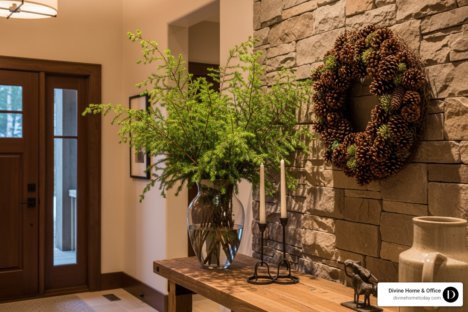 A luxury Colorado mountain home entryway featuring natural winter greenery. A large, elegant vase on a rustic wood console table holds fresh, fragrant evergreen branches. A beautifully crafted wreath adorned with pinecones hangs on the wall, complementing the natural stone accents of the home. Soft, ambient light enhances the warm, inviting atmosphere. - entryway decor A luxury Colorado mountain home entryway featuring natural winter greenery. A large, elegant vase on a rustic wood console table holds fresh, fragrant evergreen branches. A beautifully crafted wreath adorned with pinecones hangs on the wall, complementing the natural stone accents of the home. Soft, ambient light enhances the warm, inviting atmosphere. - entryway decor