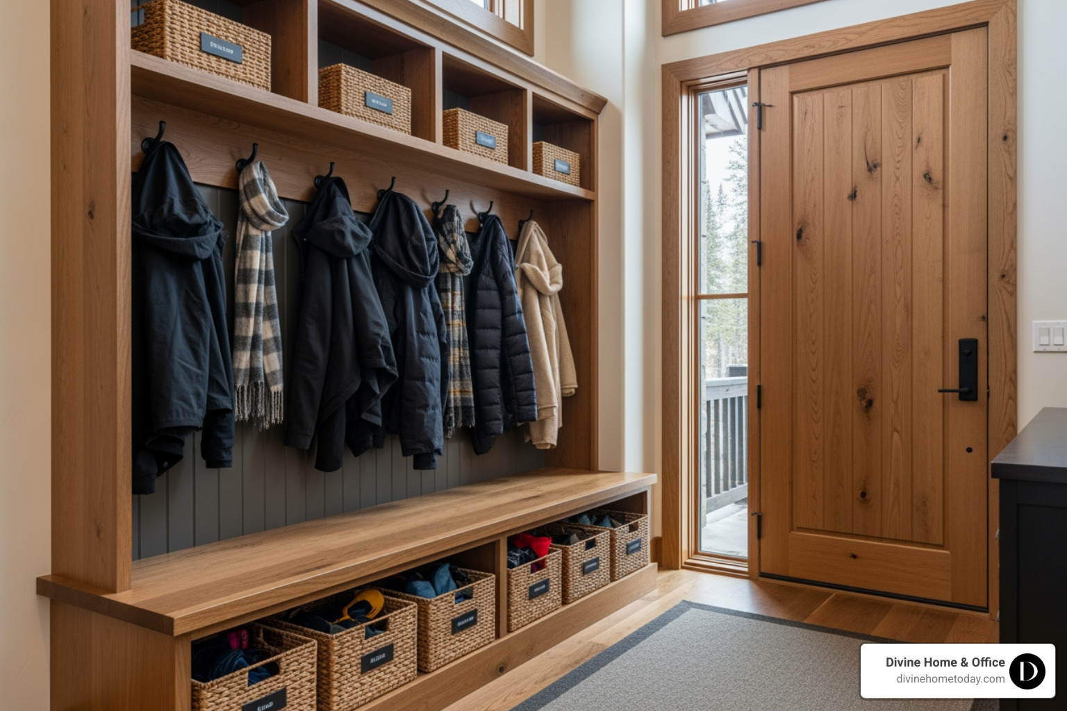 A stylish and functional entryway in a modern mountain Colorado home. A custom-built wooden bench with integrated storage provides seating. Beneath the bench, neatly arranged, are labeled woven baskets holding winter accessories like gloves and hats. Above the bench, wall-mounted hooks hold coats and scarves, keeping the space clutter-free. Natural light filters in, highlighting the warm wood tones and organized aesthetic. - entryway decor A stylish and functional entryway in a modern mountain Colorado home. A custom-built wooden bench with integrated storage provides seating. Beneath the bench, neatly arranged, are labeled woven baskets holding winter accessories like gloves and hats. Above the bench, wall-mounted hooks hold coats and scarves, keeping the space clutter-free. Natural light filters in, highlighting the warm wood tones and organized aesthetic. - entryway decor