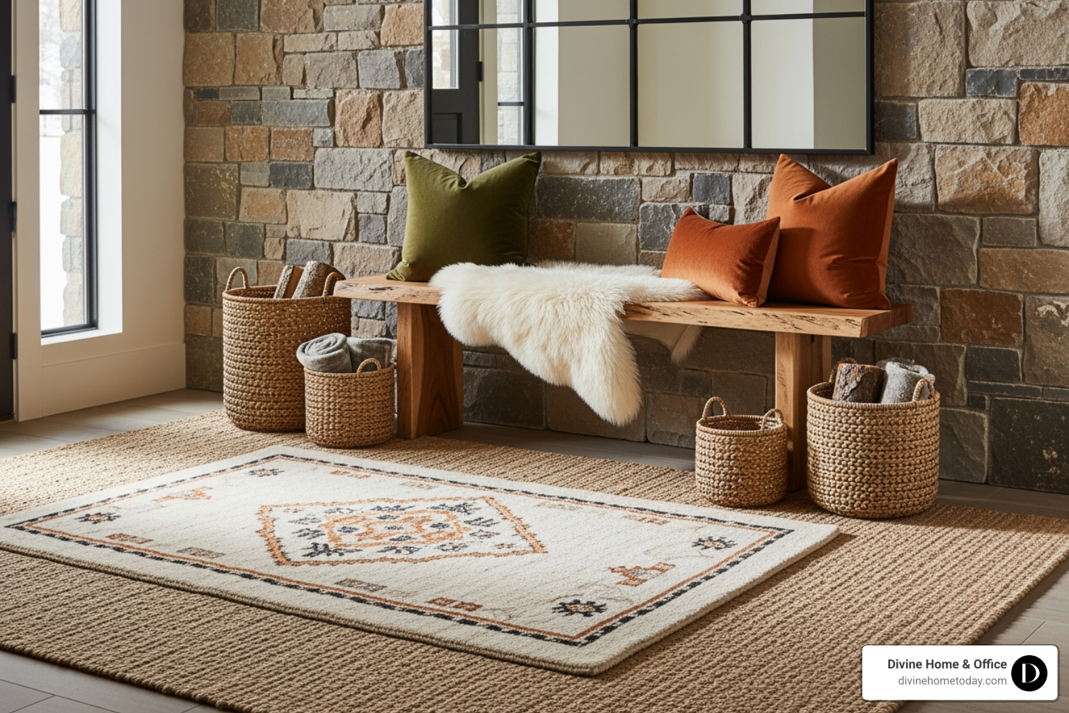 Luxury Colorado mountain home entryway featuring layered rugs. A durable, neutral-toned base rug is topped with a smaller, plush patterned rug, adding warmth and visual interest. A rustic wooden bench with a faux fur throw and velvet pillows sits against a stone wall, providing cozy seating. Woven baskets are neatly tucked under the bench, ready for winter accessories. Bright natural light floods the space, highlighting the warm textures and high-end finishes. - entryway decor Luxury Colorado mountain home entryway featuring layered rugs. A durable, neutral-toned base rug is topped with a smaller, plush patterned rug, adding warmth and visual interest. A rustic wooden bench with a faux fur throw and velvet pillows sits against a stone wall, providing cozy seating. Woven baskets are neatly tucked under the bench, ready for winter accessories. Bright natural light floods the space, highlighting the warm textures and high-end finishes. - entryway decor