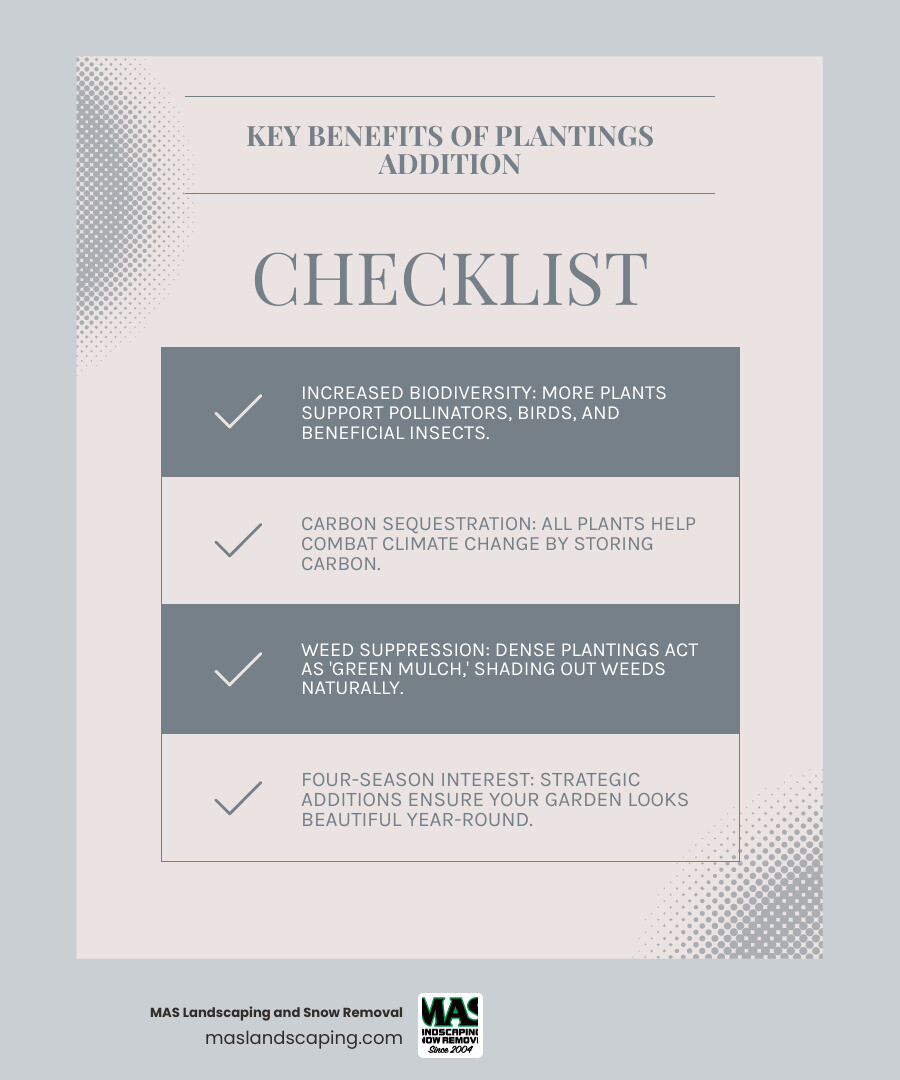 Infographic showing four key benefits of plantings addition: a bee on a flower labeled Increased Biodiversity, a plant with roots labeled Carbon Sequestration, dense foliage covering soil labeled Weed Suppression, and four seasonal garden scenes labeled Four-Season Interest - Plantings Addition infographic checklist-light-blue-grey Infographic showing four key benefits of plantings addition: a bee on a flower labeled Increased Biodiversity, a plant with roots labeled Carbon Sequestration, dense foliage covering soil labeled Weed Suppression, and four seasonal garden scenes labeled Four-Season Interest - Plantings Addition infographic checklist-light-blue-grey