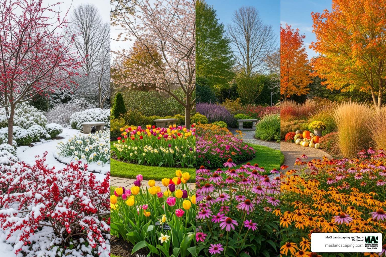 four-season garden with winterberry, tulips, coneflowers, and grasses - Plantings Addition four-season garden with winterberry, tulips, coneflowers, and grasses - Plantings Addition