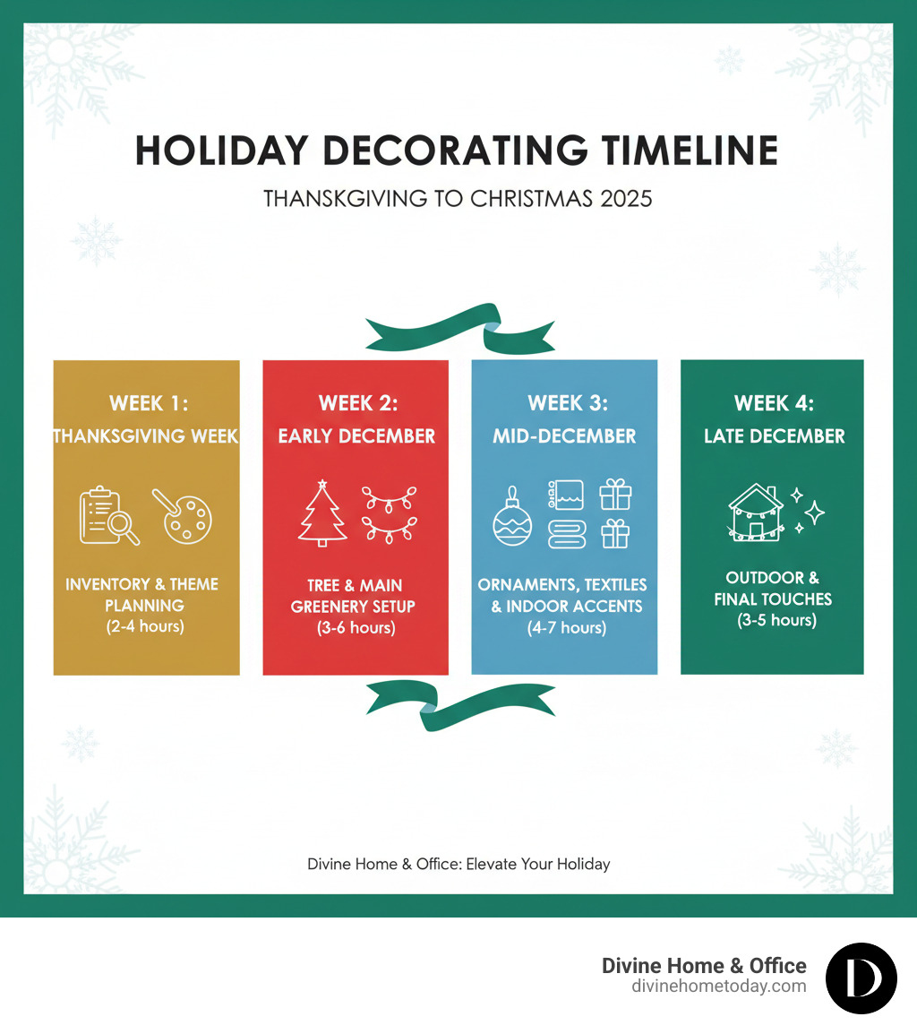 Detailed holiday decorating timeline infographic showing a week-by-week breakdown from Thanksgiving through Christmas, including tasks like inventory check, theme selection, tree setup, ornament placement, textile layering, outdoor decorating, and final touches, with icons for each phase and estimated time requirements - Christmas decorating infographic Detailed holiday decorating timeline infographic showing a week-by-week breakdown from Thanksgiving through Christmas, including tasks like inventory check, theme selection, tree setup, ornament placement, textile layering, outdoor decorating, and final touches, with icons for each phase and estimated time requirements - Christmas decorating infographic