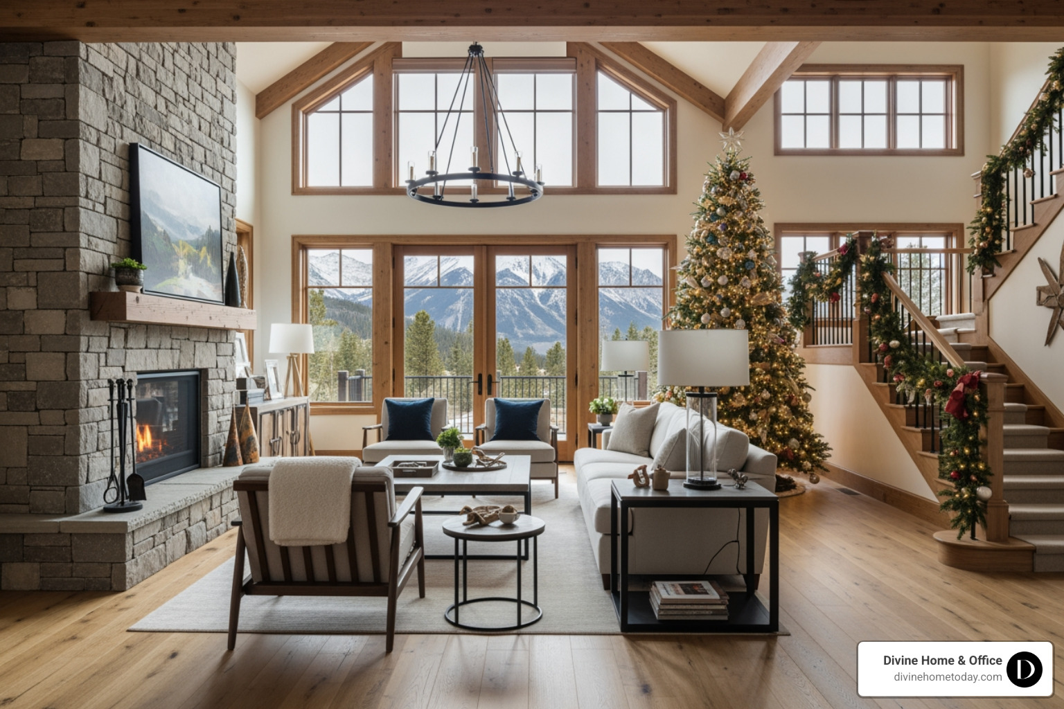 Luxury Colorado mountain living room with stone fireplace, timber beams, warm wood floors, natural textures, floor-to-ceiling windows, mountain views, modern rustic decor, soft bright light, polished yet inviting feel. A beautifully decorated Christmas tree stands next to a grand staircase wrapped in festive garland. - Christmas decorating Luxury Colorado mountain living room with stone fireplace, timber beams, warm wood floors, natural textures, floor-to-ceiling windows, mountain views, modern rustic decor, soft bright light, polished yet inviting feel. A beautifully decorated Christmas tree stands next to a grand staircase wrapped in festive garland. - Christmas decorating