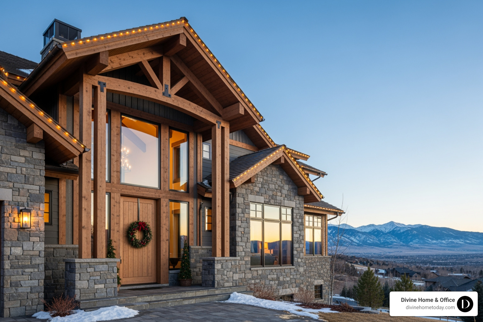 Million-dollar Colorado mountain home exterior with timber and stone facade, large windows, warm natural lighting, modern-rustic lodge style, set against the Denver foothills or Rocky Mountain backdrop, decorated with subtle Christmas lights and a festive wreath. - Christmas decorating Million-dollar Colorado mountain home exterior with timber and stone facade, large windows, warm natural lighting, modern-rustic lodge style, set against the Denver foothills or Rocky Mountain backdrop, decorated with subtle Christmas lights and a festive wreath. - Christmas decorating