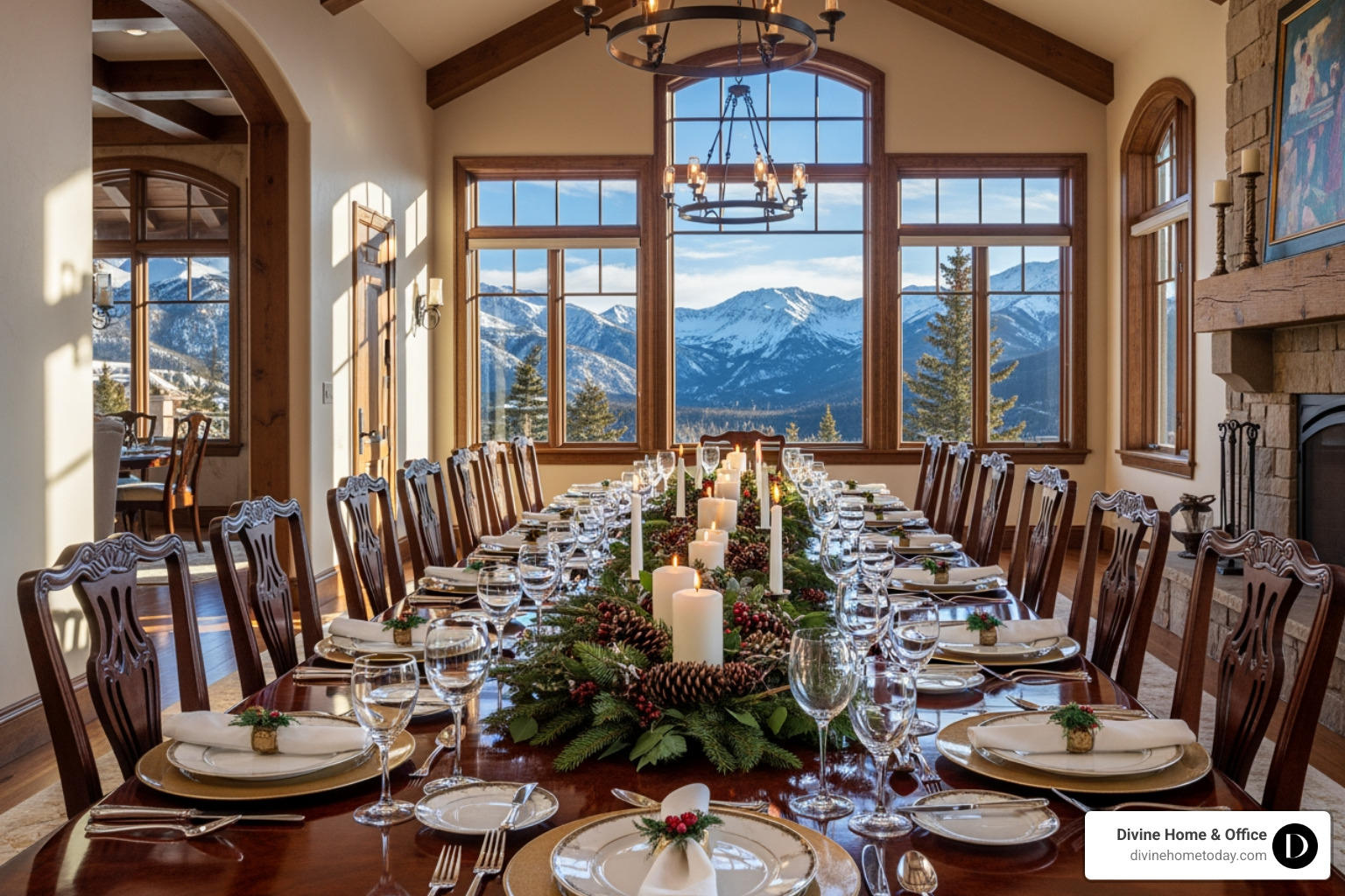 Luxury Colorado mountain home dining room with a festive tablescape, featuring elegant dinnerware, candles, natural greenery, and a view of snow-covered mountains through large windows, bright natural lighting. - Christmas decorating Luxury Colorado mountain home dining room with a festive tablescape, featuring elegant dinnerware, candles, natural greenery, and a view of snow-covered mountains through large windows, bright natural lighting. - Christmas decorating