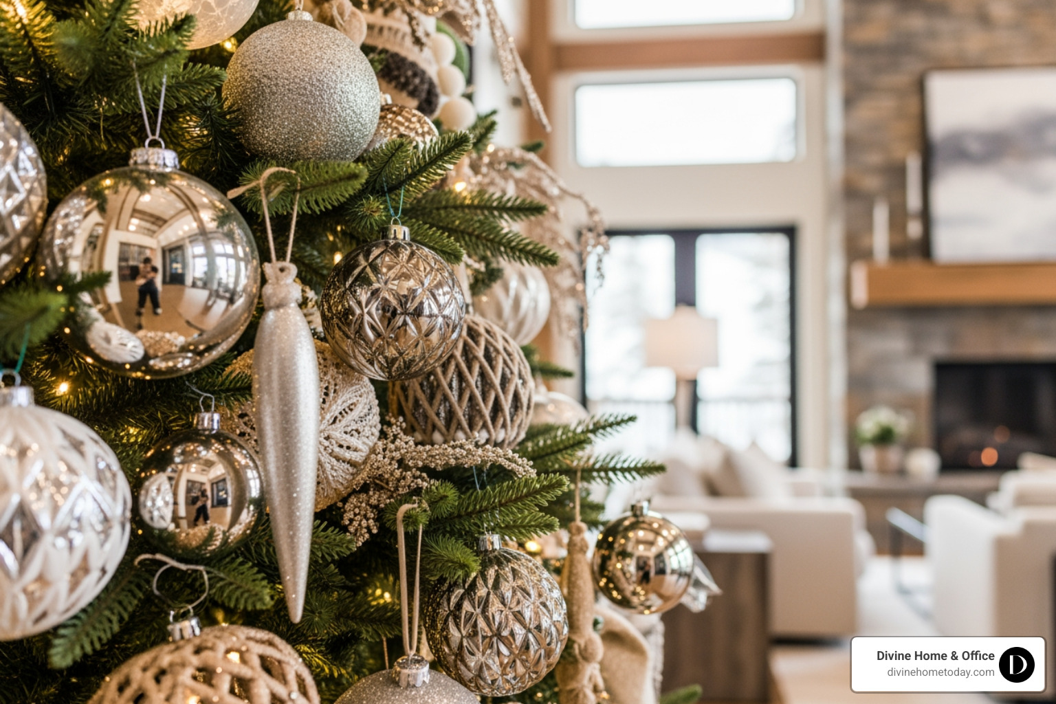 Luxury modern mountain Colorado living room with a decorated Christmas tree, focusing on a close-up of layered ornaments in different textures (glass, wood, metallic, fabric) and sizes, with soft ambient lighting. - Christmas decorating Luxury modern mountain Colorado living room with a decorated Christmas tree, focusing on a close-up of layered ornaments in different textures (glass, wood, metallic, fabric) and sizes, with soft ambient lighting. - Christmas decorating