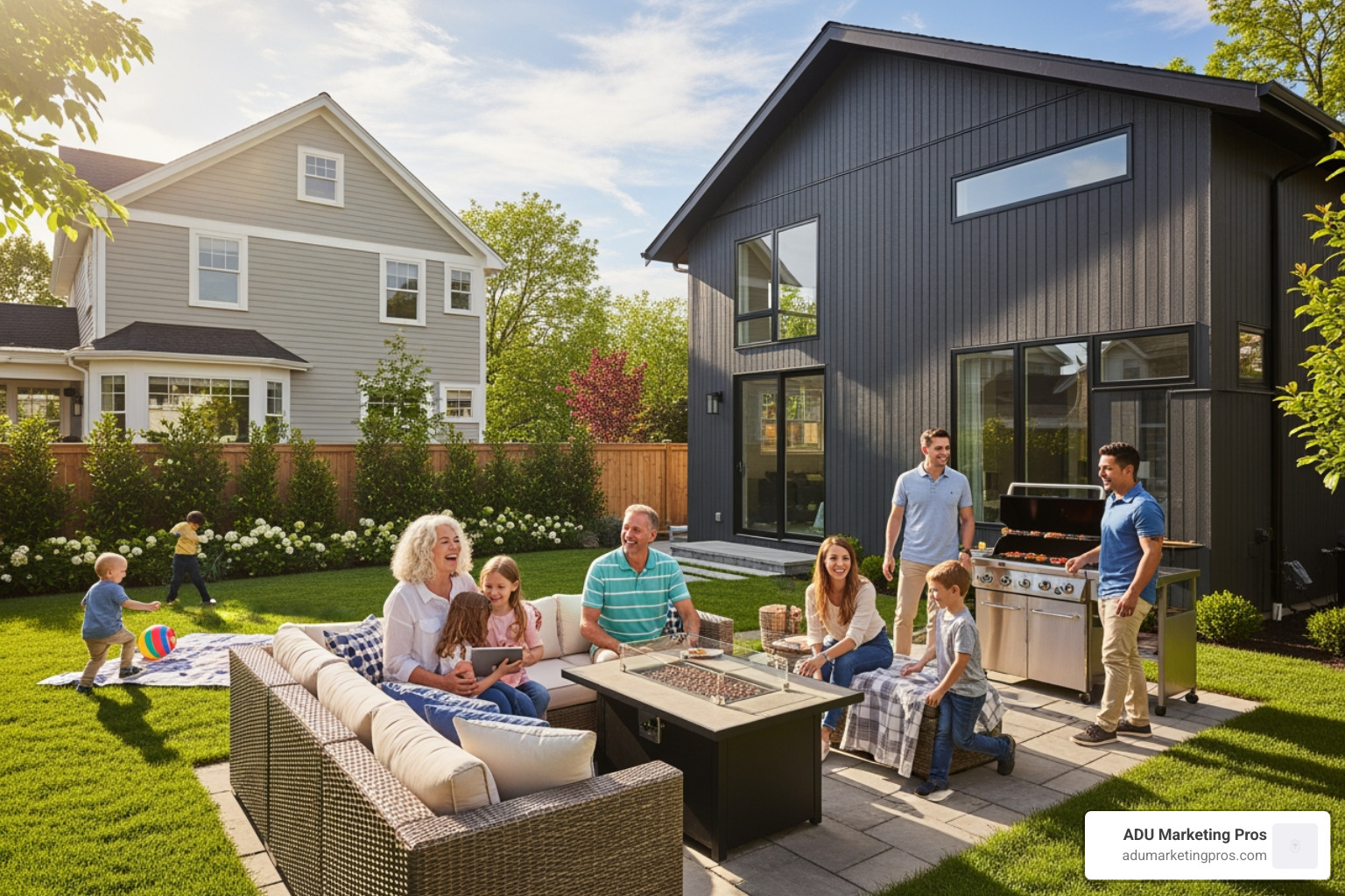 Happy multi-generational family enjoying the backyard space between the main house and the granny flat. - what is a granny flat Happy multi-generational family enjoying the backyard space between the main house and the granny flat. - what is a granny flat