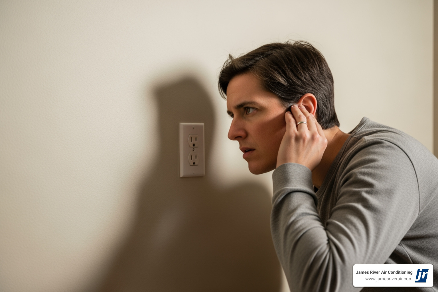 person safely listening to a wall near an outlet, not touching it - electrical making noise in glen allen, va person safely listening to a wall near an outlet, not touching it - electrical making noise in glen allen, va