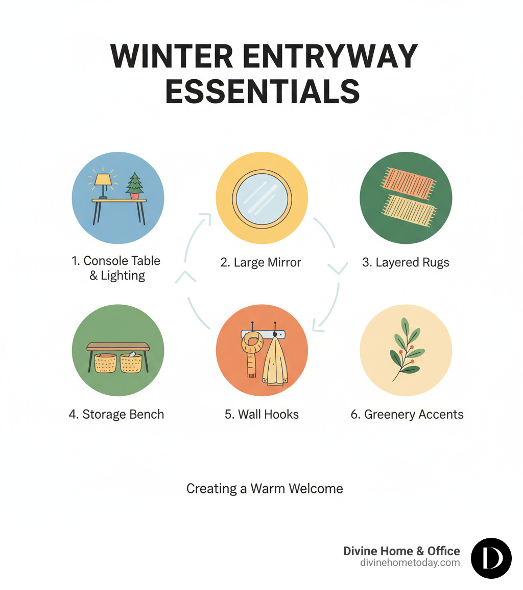 Infographic showing a winter entryway layout with labeled elements: console table with lamp and seasonal accents at center, large mirror above, layered rugs on floor, storage bench with baskets to the side, wall hooks for coats, and greenery accents throughout. Warm color palette of creams, woods, and evergreen. Title: "Your Winter Entryway Checklist - 6 Essential Elements for a Warm Welcome" - entryway decor infographic Infographic showing a winter entryway layout with labeled elements: console table with lamp and seasonal accents at center, large mirror above, layered rugs on floor, storage bench with baskets to the side, wall hooks for coats, and greenery accents throughout. Warm color palette of creams, woods, and evergreen. Title: "Your Winter Entryway Checklist - 6 Essential Elements for a Warm Welcome" - entryway decor infographic