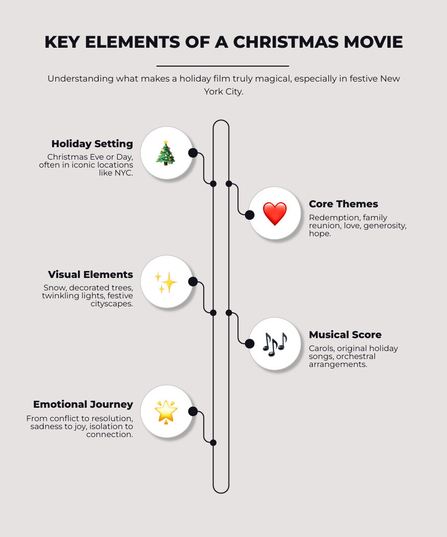Infographic showing the key elements that define a Christmas movie: Holiday Setting (Christmas Eve or Day in iconic locations like NYC), Core Themes (redemption, family reunion, love, generosity, hope), Visual Elements (snow, decorated trees, twinkling lights, festive cityscapes), Musical Score (carols, original holiday songs, orchestral arrangements), and Emotional Journey (from conflict to resolution, sadness to joy, isolation to connection). Features silhouettes of the New York City skyline with Christmas decorations. - christmas movies infographic infographic-line-5-steps-elegant_beige Infographic showing the key elements that define a Christmas movie: Holiday Setting (Christmas Eve or Day in iconic locations like NYC), Core Themes (redemption, family reunion, love, generosity, hope), Visual Elements (snow, decorated trees, twinkling lights, festive cityscapes), Musical Score (carols, original holiday songs, orchestral arrangements), and Emotional Journey (from conflict to resolution, sadness to joy, isolation to connection). Features silhouettes of the New York City skyline with Christmas decorations. - christmas movies infographic infographic-line-5-steps-elegant_beige