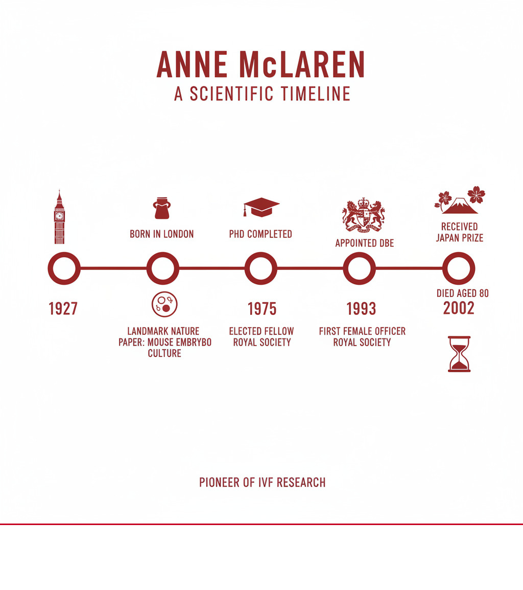 Infographic showing Anne McLaren's timeline: 1927 born in London; 1952 PhD completed; 1958 landmark Nature paper on mouse embryo culture; 1975 elected Fellow of Royal Society; 1991 first female officer of Royal Society; 1993 appointed DBE; 2002 received Japan Prize; 2007 died aged 80 - anne mclaren infographic 