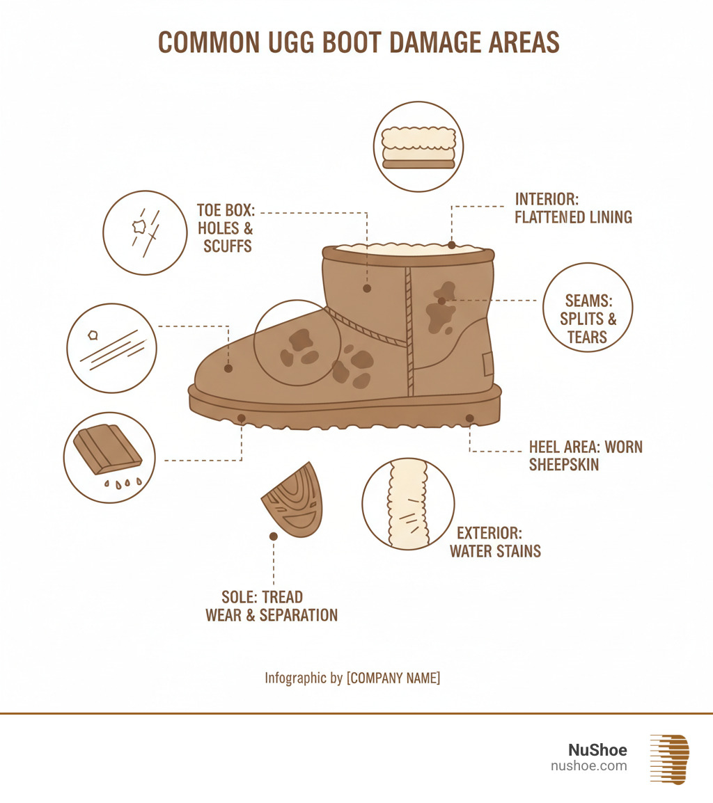 infographic showing common Ugg boot damage areas: toe box with holes and scuffs, heel area with worn sheepskin, sole with tread wear and separation, seams with splits and tears, water stains on suede exterior, and flattened interior lining - ugg repair infographic 