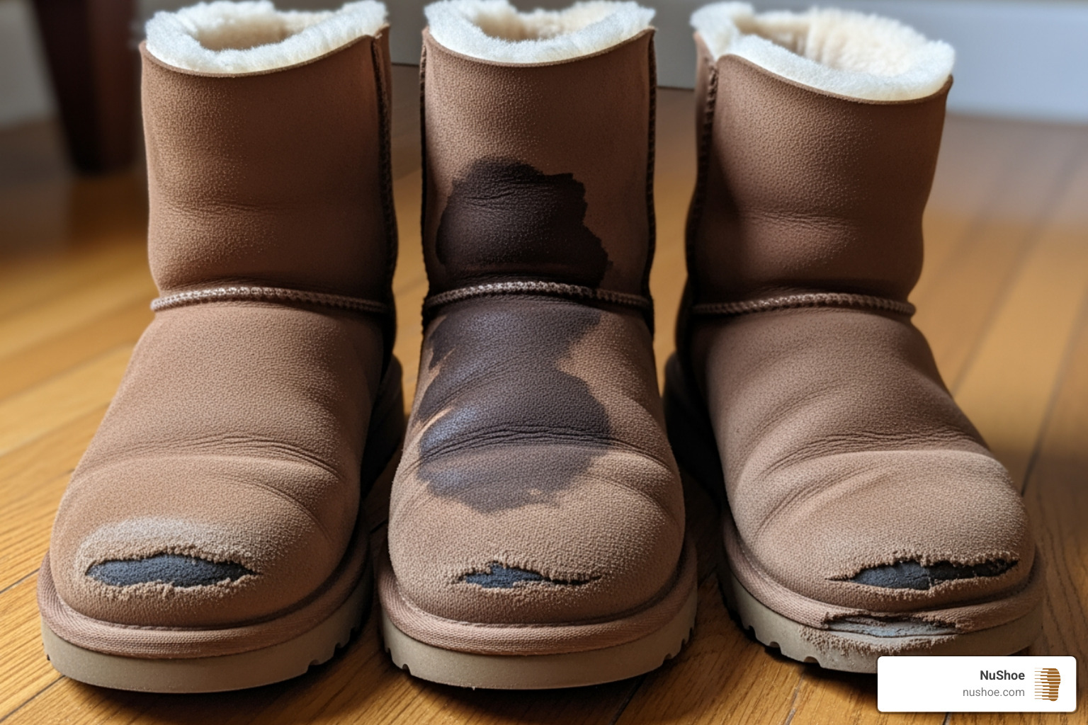 different types of Ugg boot damage like a scuffed toe, a water-stained side, and a worn-down sole - ugg repair