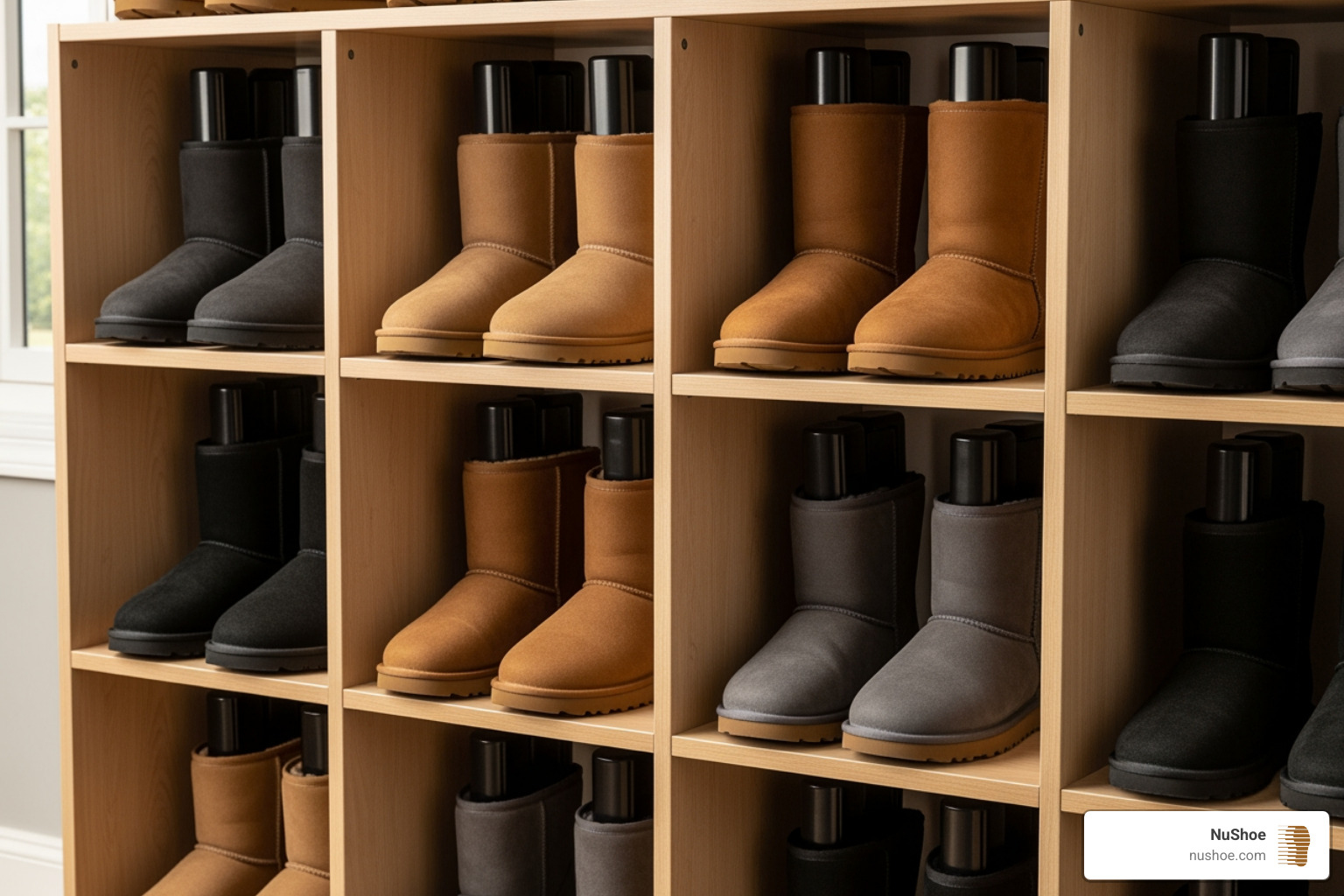 Ugg boots stored correctly on a shoe rack with boot shapers - ugg repair