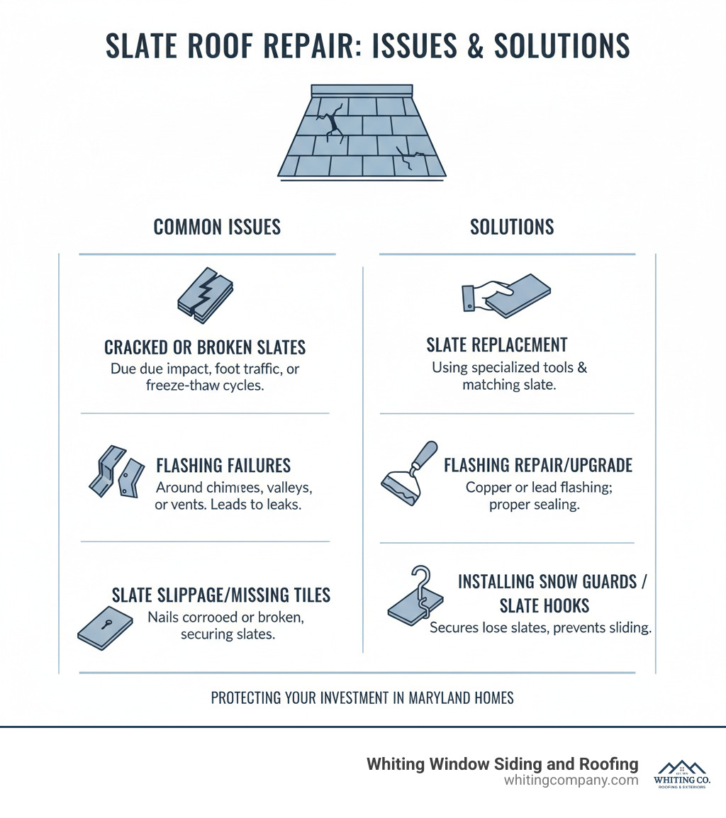 Infographic showing common slate roof repair issues and their solutions - slate roofing bethesda infographic 