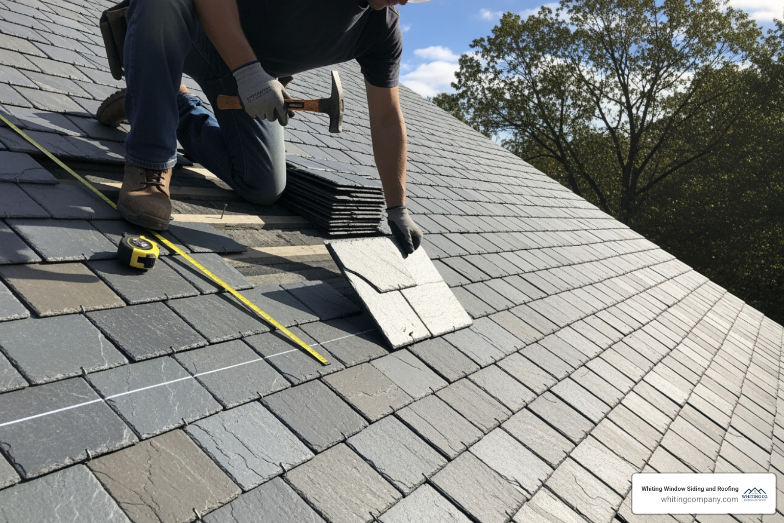 roofer expertly installing a slate tile - slate roofing bethesda