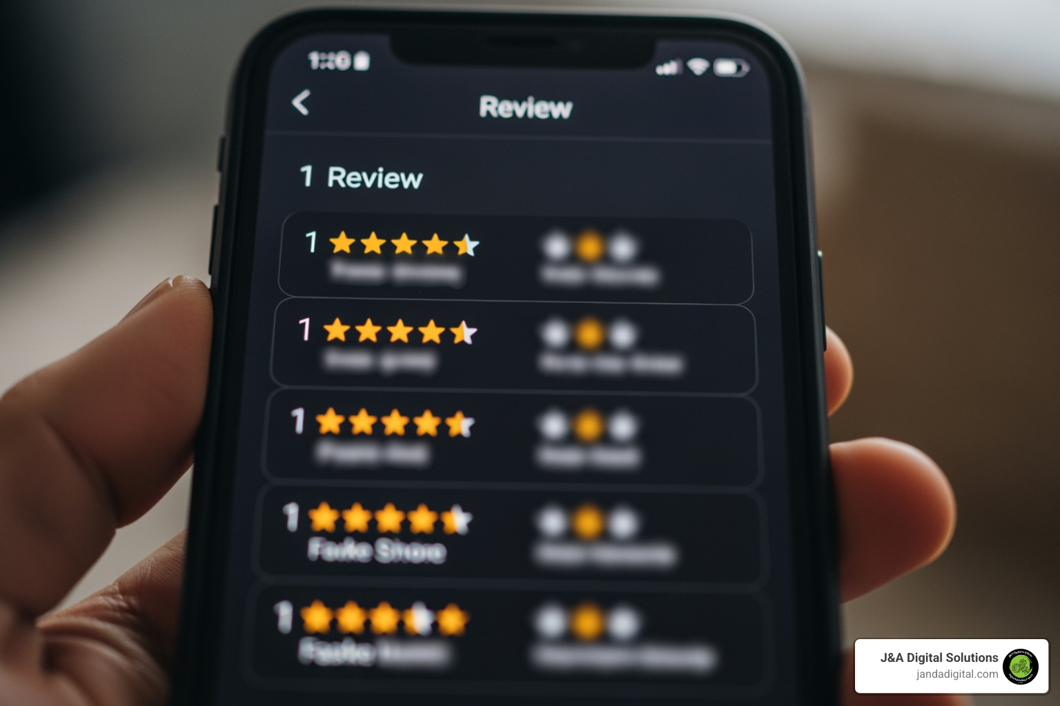 phone screen showing fake one-star reviews - Negative SEO protection