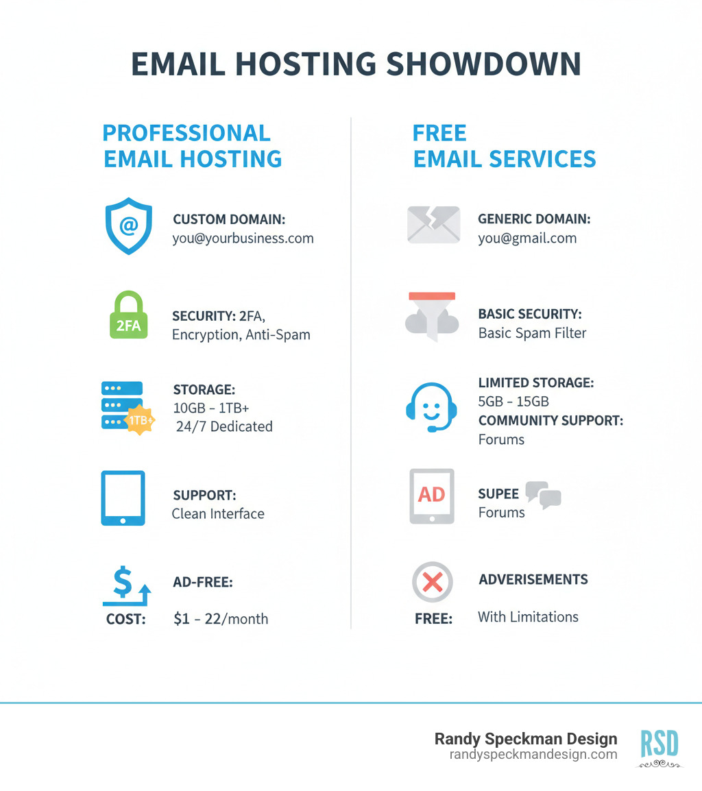 Infographic showing the key differences between professional email hosting and free email services: Custom Domain (yourname@yourbusiness.com vs a generic free email address), Security (2FA, encryption, anti-spam vs basic spam filtering), Storage (10GB-1TB+ vs 5-15GB), Support (24/7 dedicated support vs community forums), Ad-Free (clean interface vs advertisements), and Cost ($1-22/month vs free with limitations) - best email hosting plans infographic 
