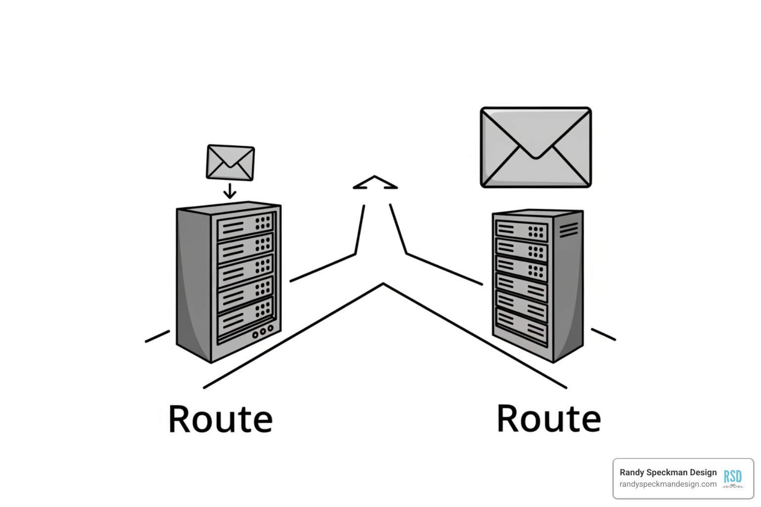 Illustration showing a path splitting into two options: one leading to a web hosting server with an email icon, and the other leading to a dedicated email server icon, representing bundled vs. standalone hosting - best email hosting plans