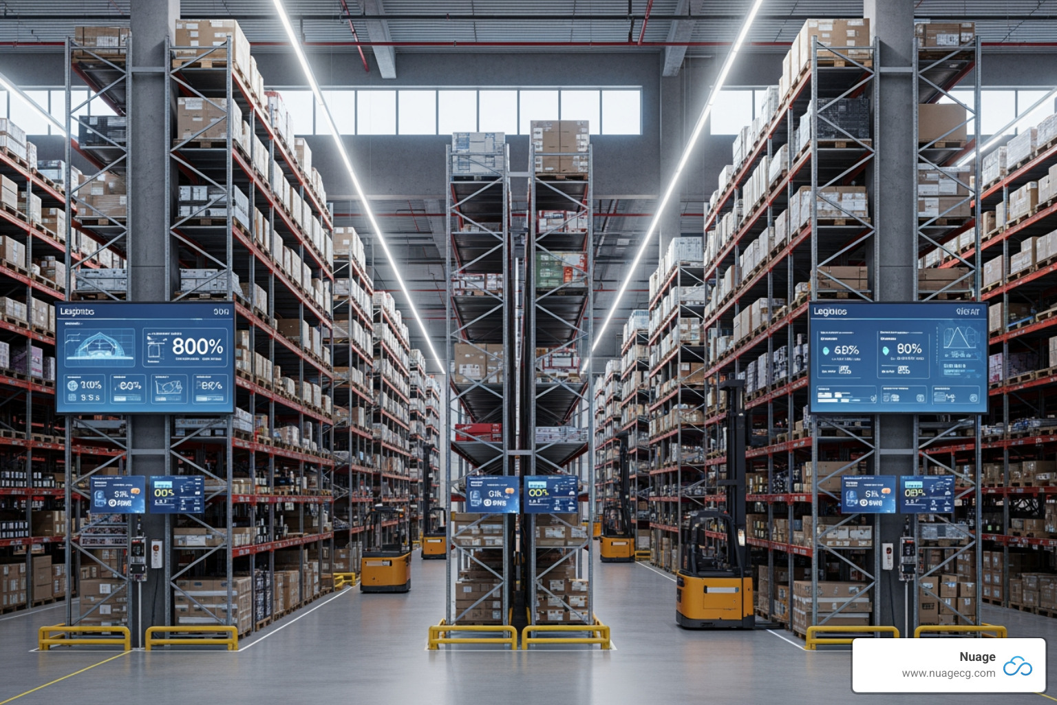 modern warehouse with organized inventory and digital displays - NetSuite inventory optimization