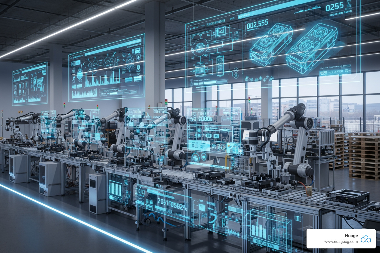 modern automated factory floor with robotic arms and digital data overlays - Manufacturing digital transformation