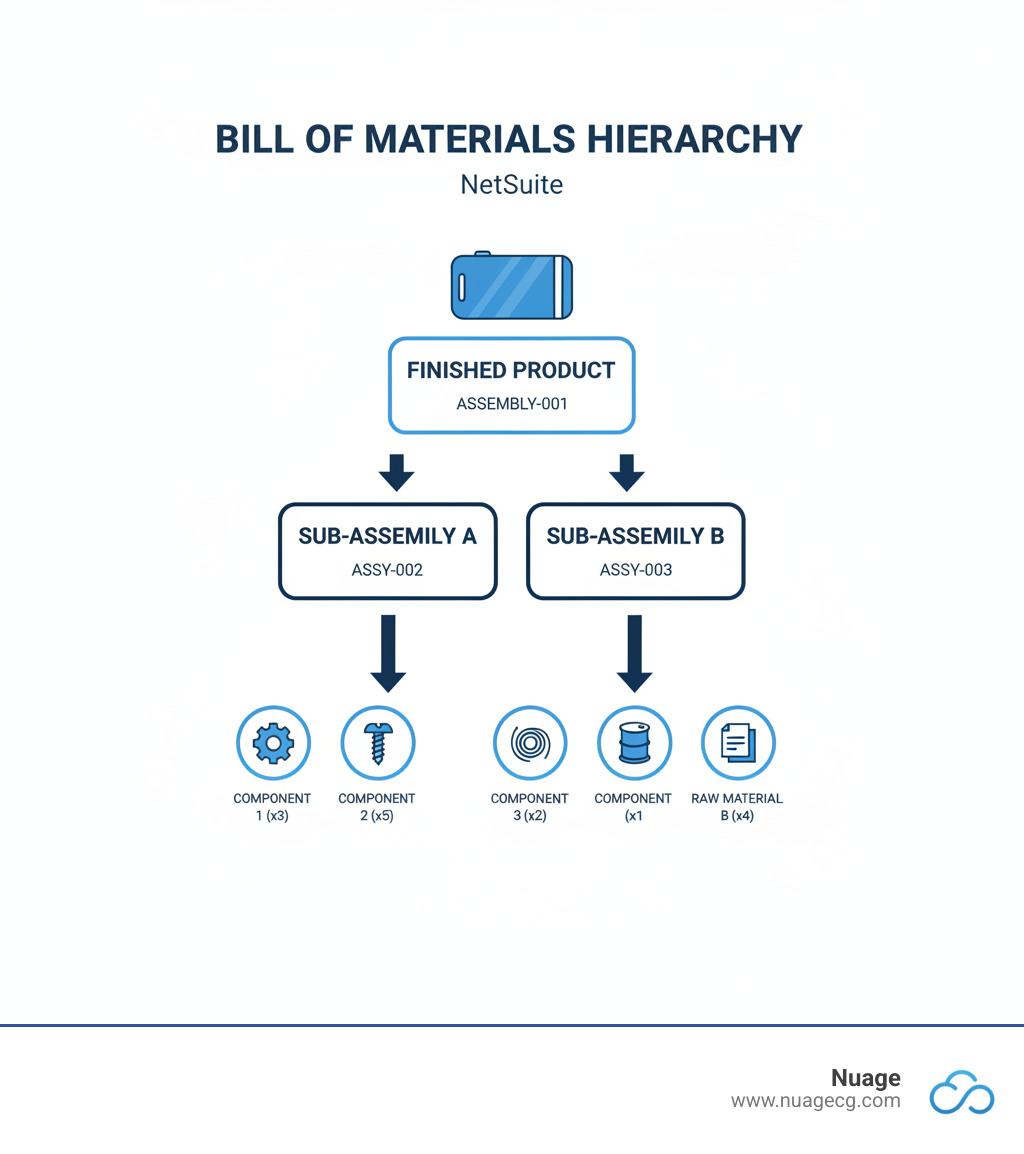 Infographic showing the hierarchical structure of a Bill of Materials in NetSuite, starting with the finished product at the top level, breaking down into sub-assemblies in the middle levels, and showing individual components and raw materials at the bottom level, with arrows indicating parent-child relationships and quantity indicators for each component - Bill of materials NetSuite infographic Infographic showing the hierarchical structure of a Bill of Materials in NetSuite, starting with the finished product at the top level, breaking down into sub-assemblies in the middle levels, and showing individual components and raw materials at the bottom level, with arrows indicating parent-child relationships and quantity indicators for each component - Bill of materials NetSuite infographic