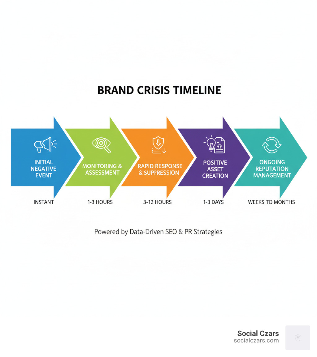 infographic showing crisis timeline from initial negative event through monitoring, rapid response, content suppression, positive asset creation, and ongoing reputation management with typical timeframes for each phase - what seo agencies specialize in crisis seo and crisis management for brands infographic 