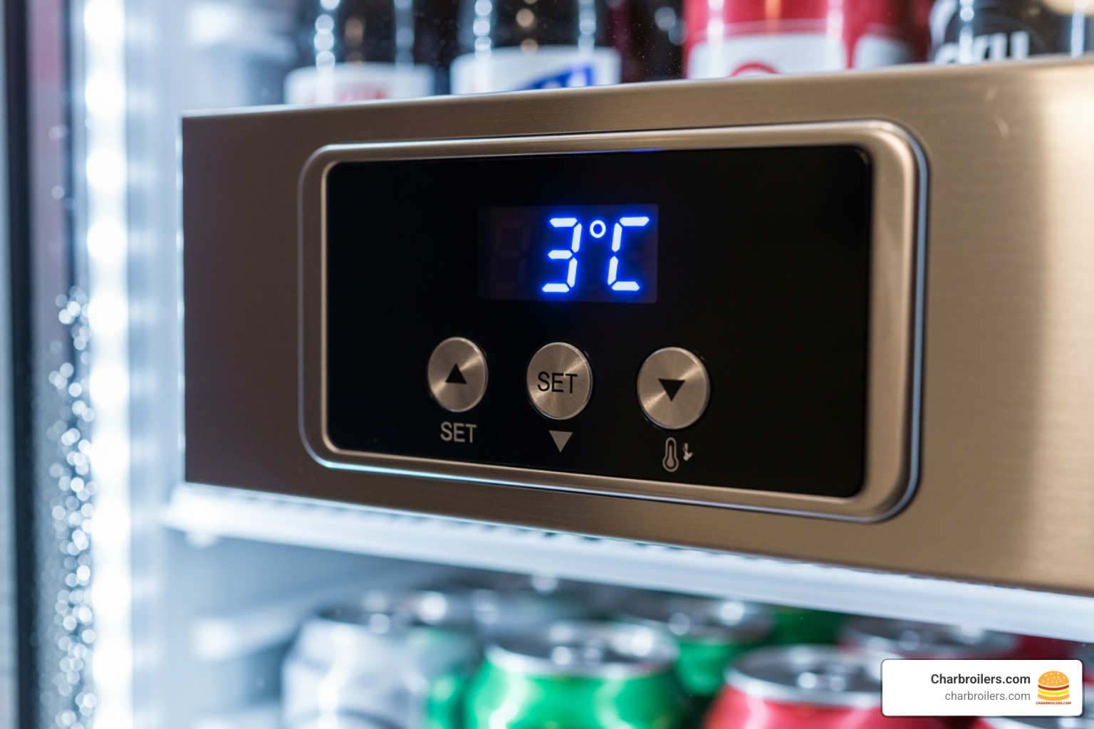 Image of a close-up on a digital temperature control panel and bright LED lighting inside a beverage fridge. - commercial beverage fridge