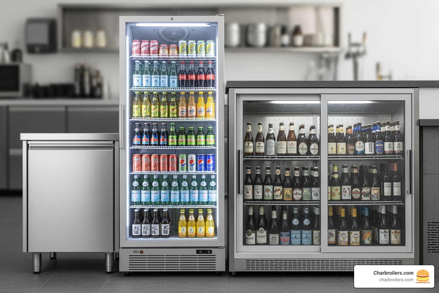 Image of a row of different types of beverage coolers, including an undercounter, a large glass-door merchandiser, and a back bar cooler. - commercial beverage fridge