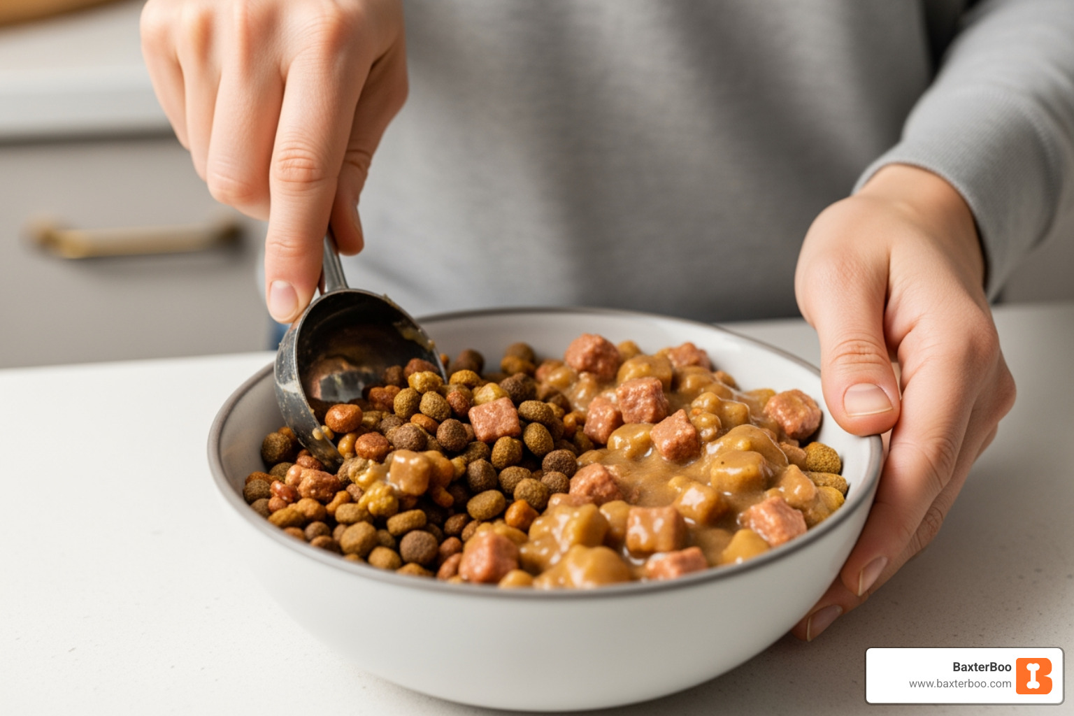 person mixing two types of cat food in a bowl - Kitten sensitive stomach person mixing two types of cat food in a bowl - Kitten sensitive stomach