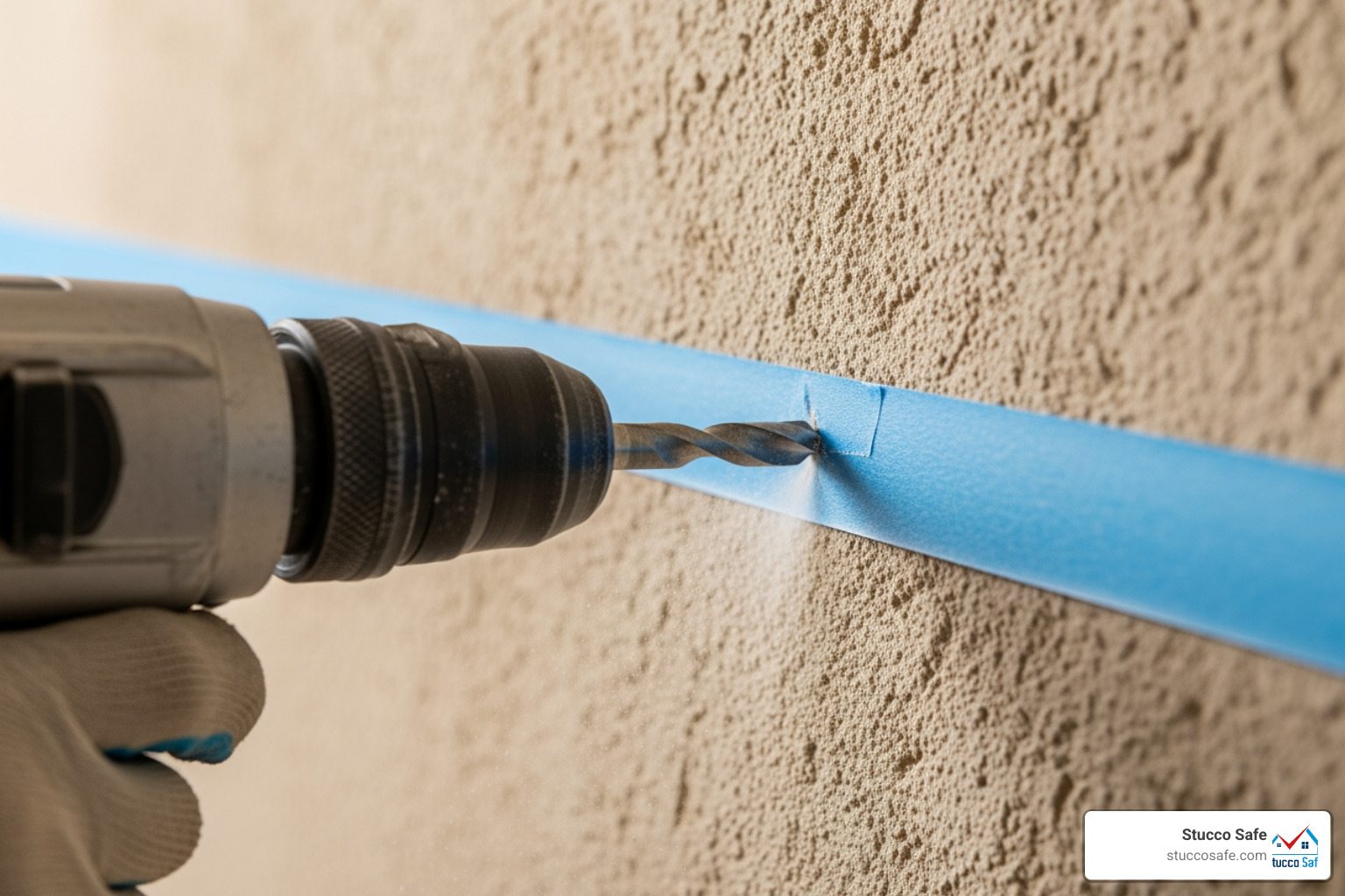 a drill with a masonry bit starting to drill a pilot hole through painter's tape on a stucco wall - how do you drill into stucco a drill with a masonry bit starting to drill a pilot hole through painter's tape on a stucco wall - how do you drill into stucco