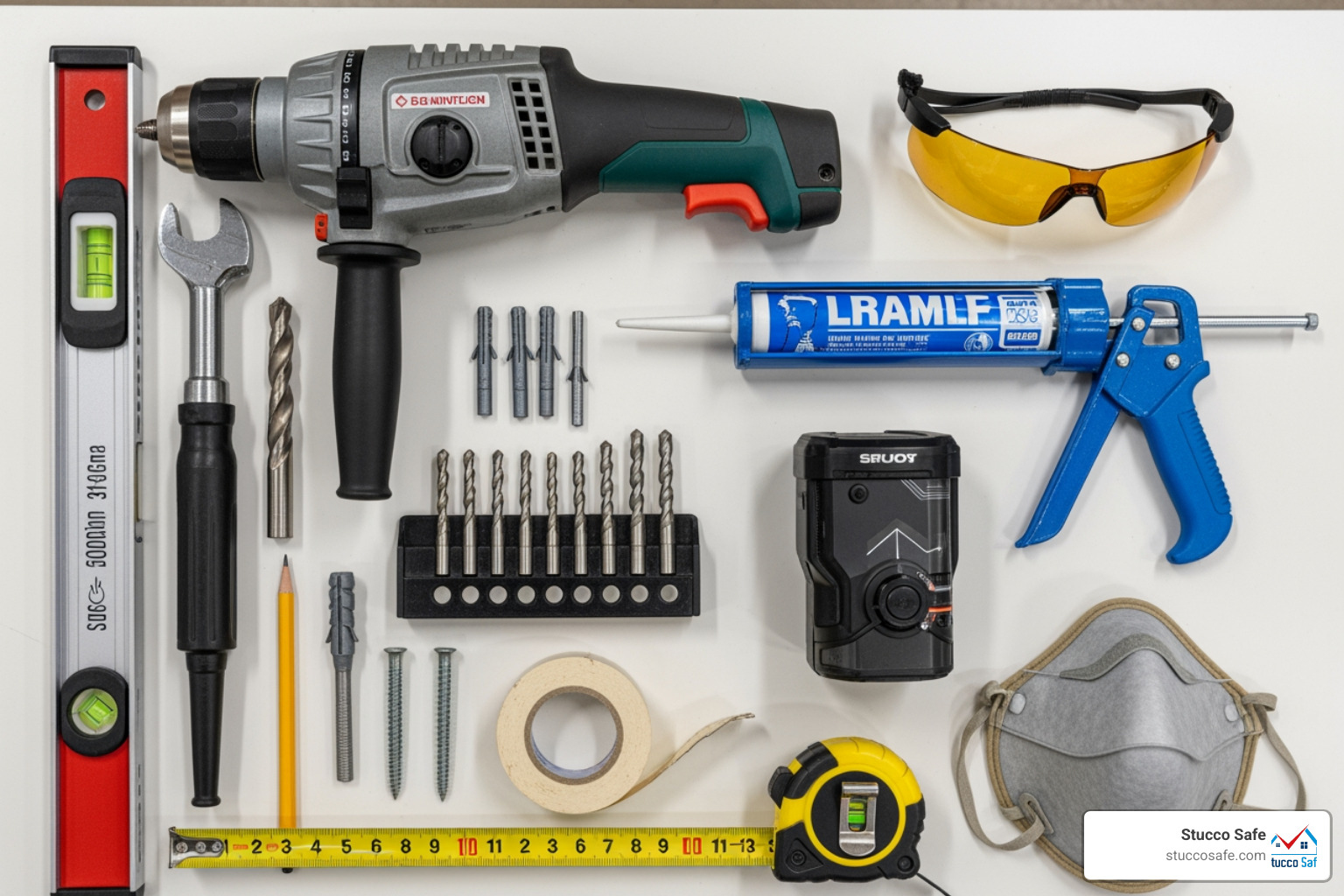 all the necessary tools and materials laid out: hammer drill, masonry bits, anchors, screws, caulk gun, painter's tape, level, stud finder, safety glasses - how do you drill into stucco all the necessary tools and materials laid out: hammer drill, masonry bits, anchors, screws, caulk gun, painter's tape, level, stud finder, safety glasses - how do you drill into stucco