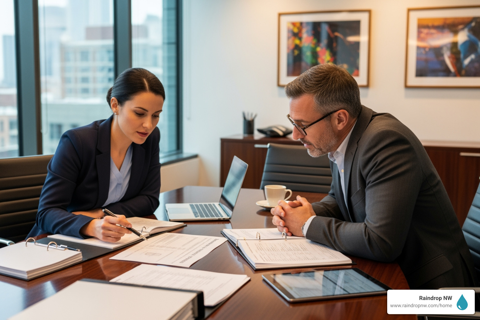 A property manager and investor reviewing an inspection report in a modern office setting - commercial estimates and inspections service in tigard or A property manager and investor reviewing an inspection report in a modern office setting - commercial estimates and inspections service in tigard or