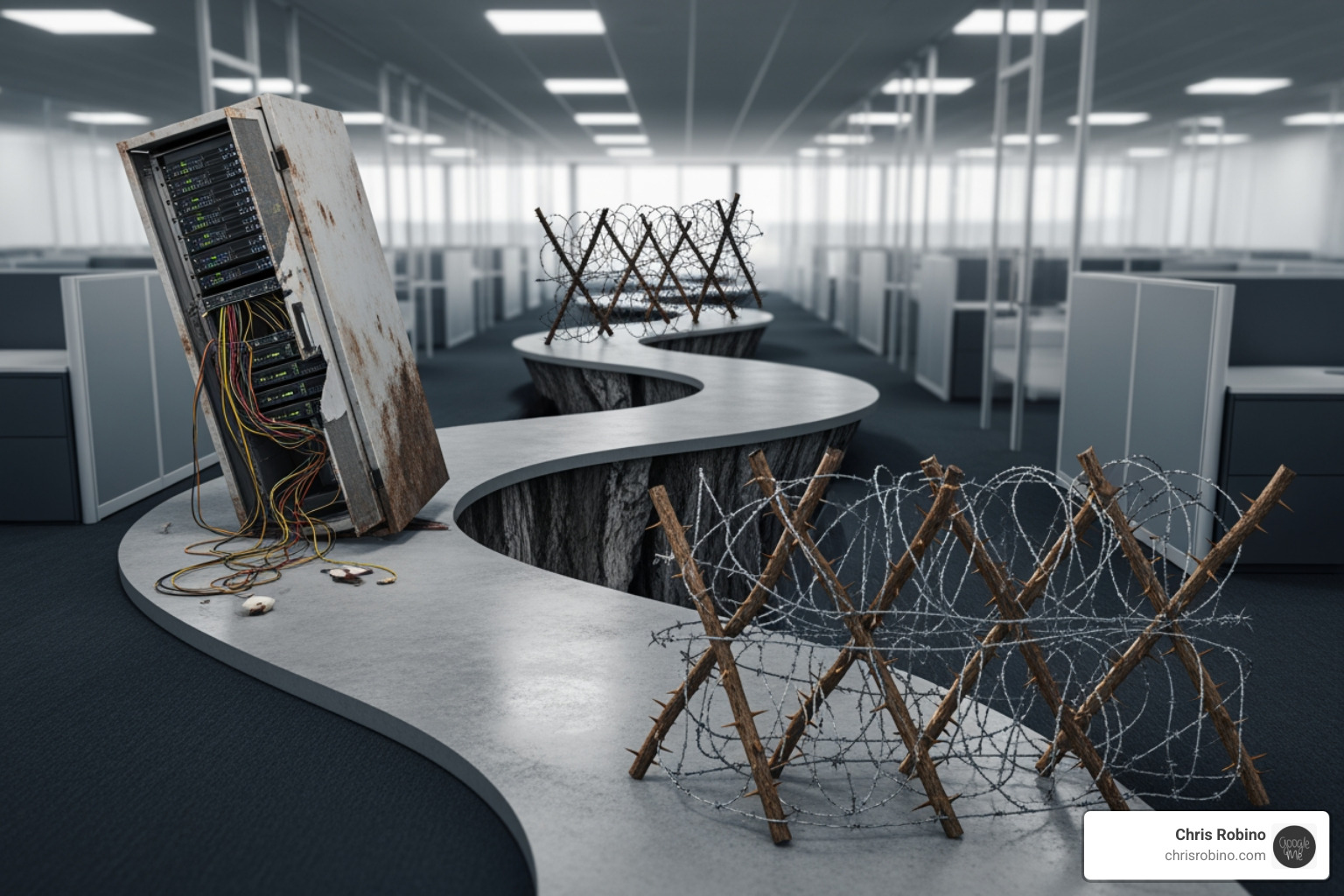 A path with obstacles labeled 'Legacy Systems', 'Skills Gap', and 'Security' - emerging technology consulting A path with obstacles labeled 'Legacy Systems', 'Skills Gap', and 'Security' - emerging technology consulting